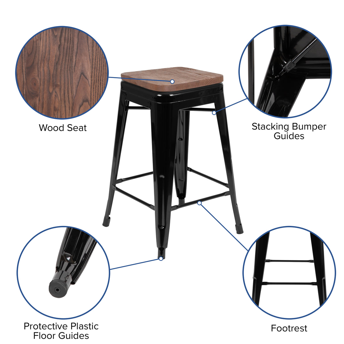 24" High Metal Counter-Height, Indoor Bar Stool with Wood Seat - Stackable Set of 4
