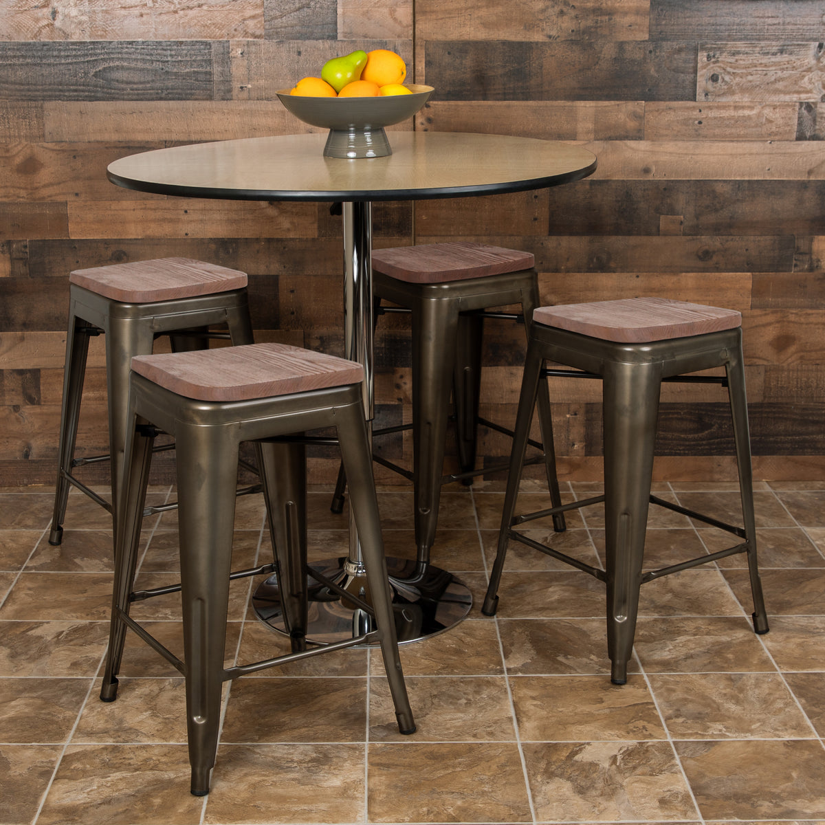 24" High Metal Counter-Height, Indoor Bar Stool with Wood Seat - Stackable Set of 4