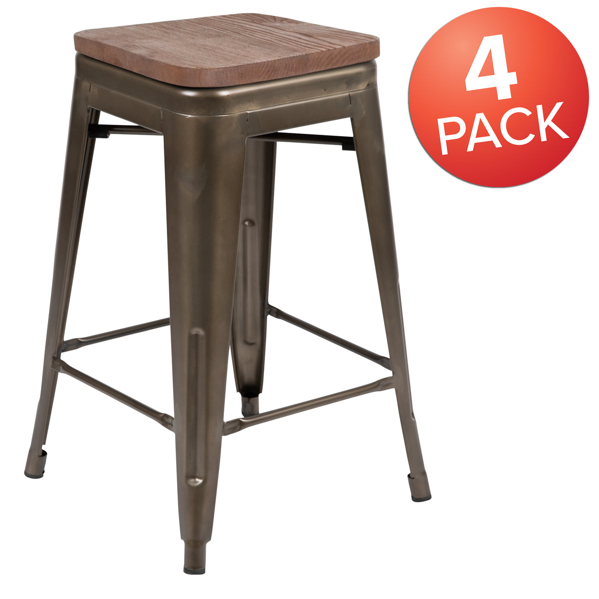 24" High Metal Counter-Height, Indoor Bar Stool with Wood Seat - Stackable Set of 4