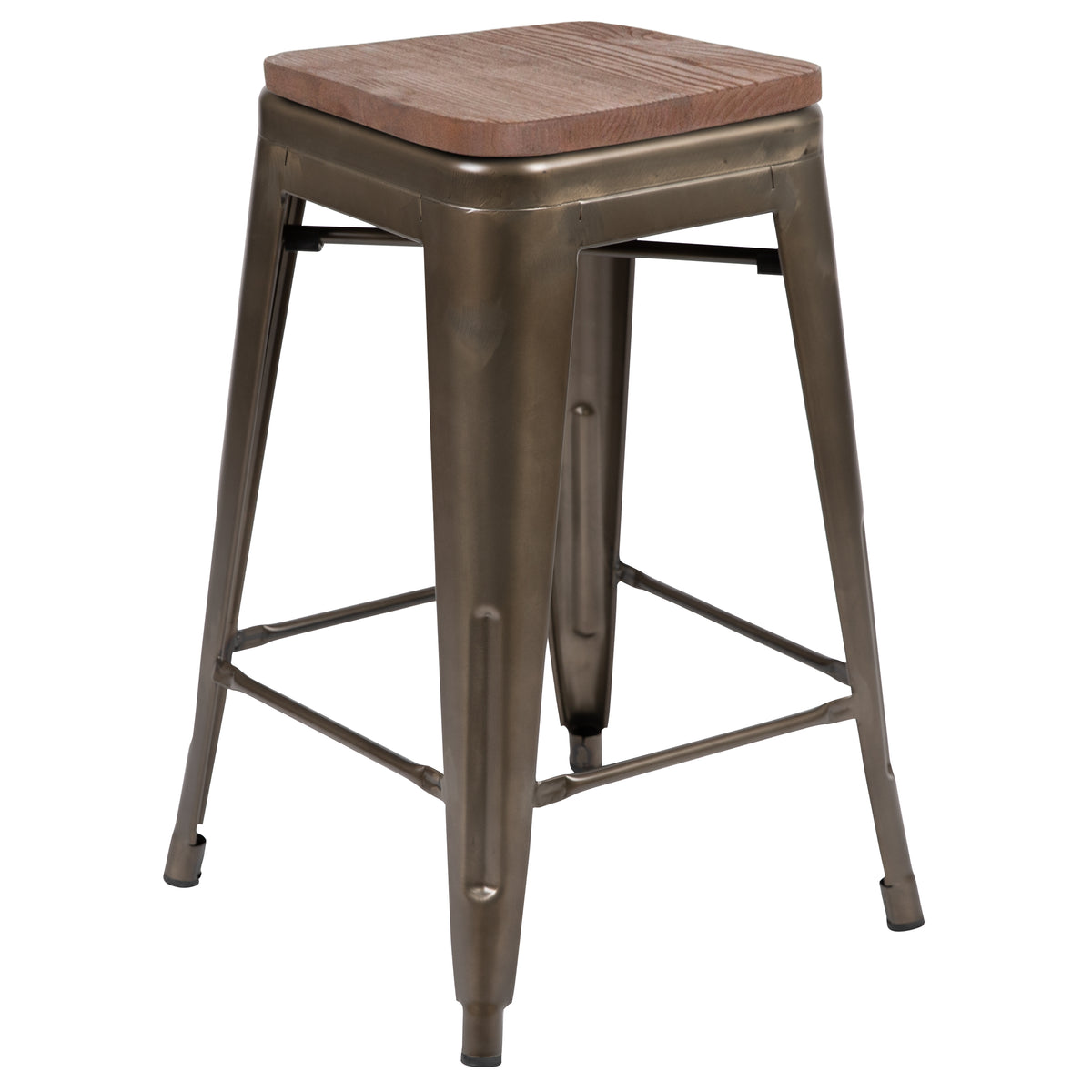 24" High Metal Counter-Height, Indoor Bar Stool with Wood Seat - Stackable Set of 4