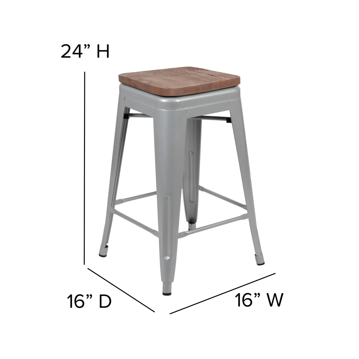 24" High Metal Counter-Height, Indoor Bar Stool with Wood Seat - Stackable Set of 4