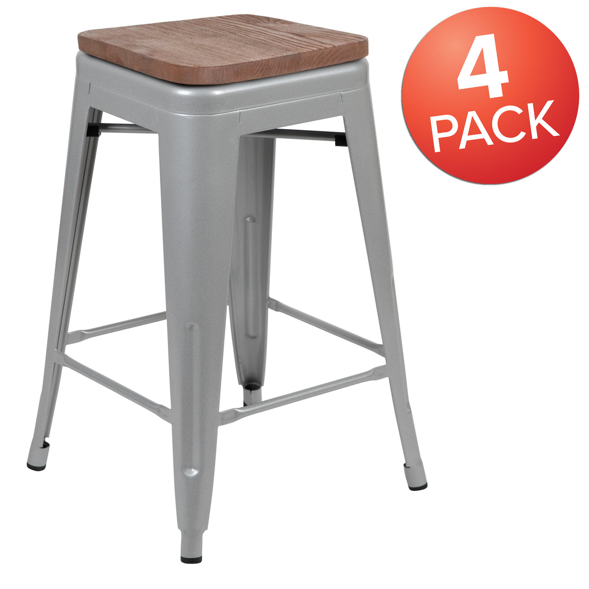24" High Metal Counter-Height, Indoor Bar Stool with Wood Seat - Stackable Set of 4