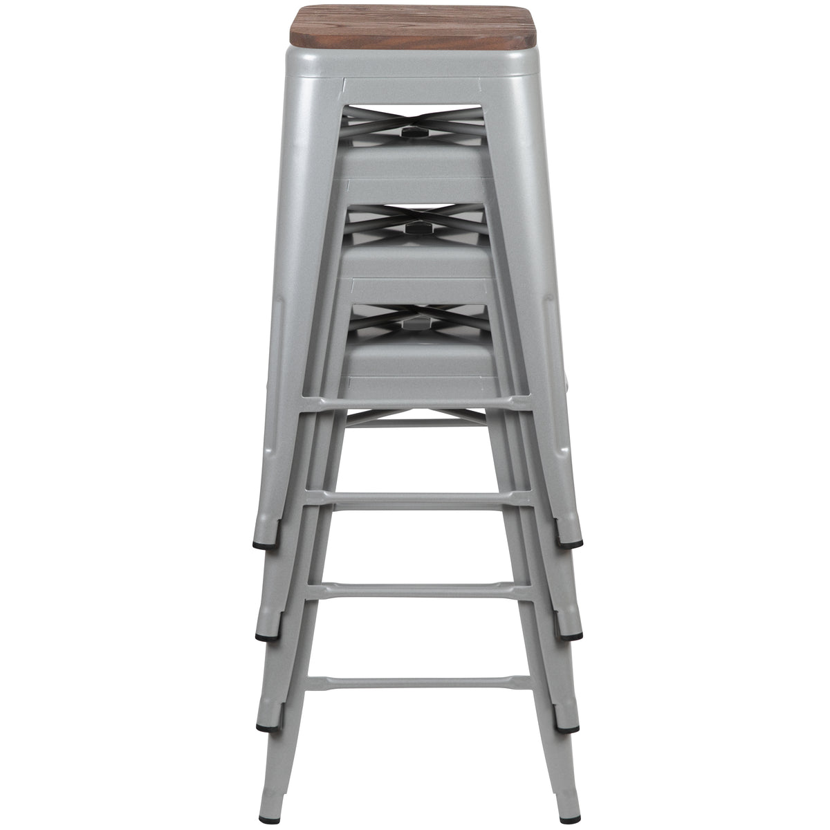 24" High Metal Counter-Height, Indoor Bar Stool with Wood Seat - Stackable Set of 4