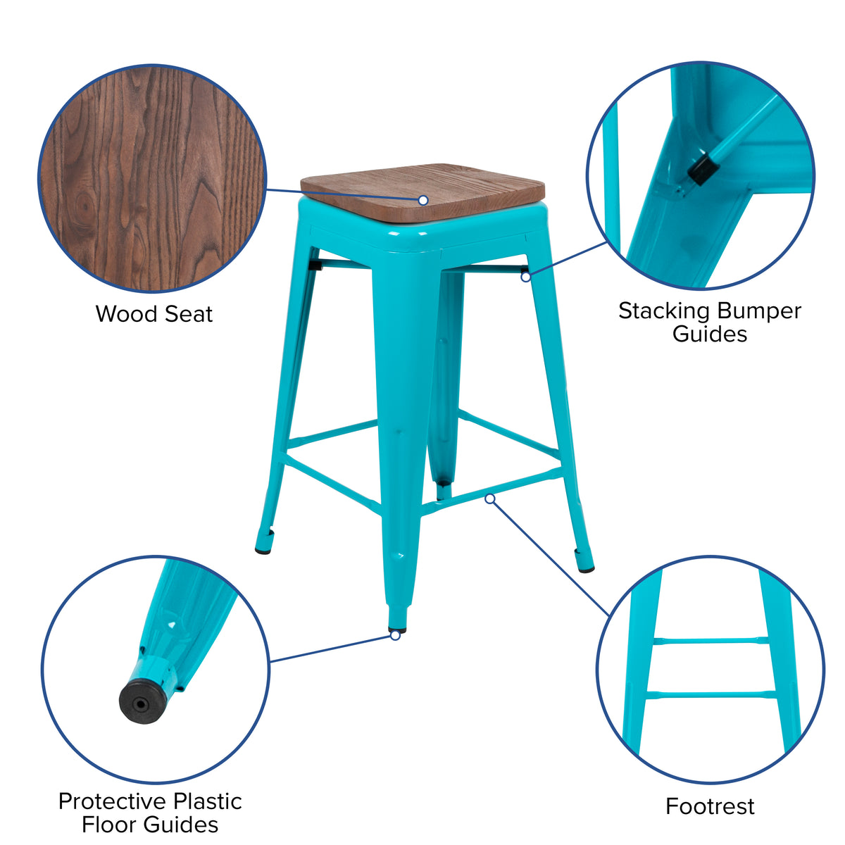 24" High Metal Counter-Height, Indoor Bar Stool with Wood Seat - Stackable Set of 4