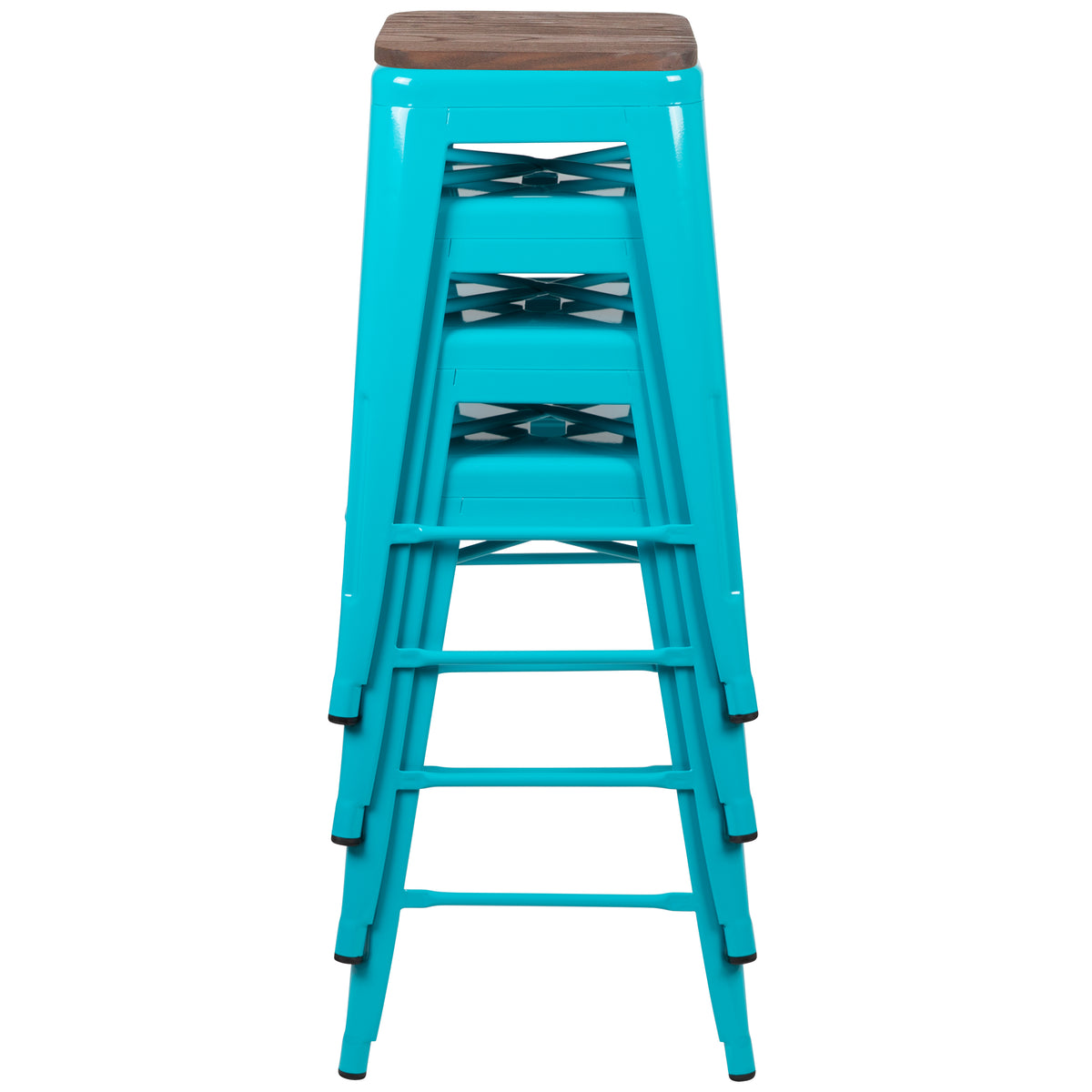 24" High Metal Counter-Height, Indoor Bar Stool with Wood Seat - Stackable Set of 4