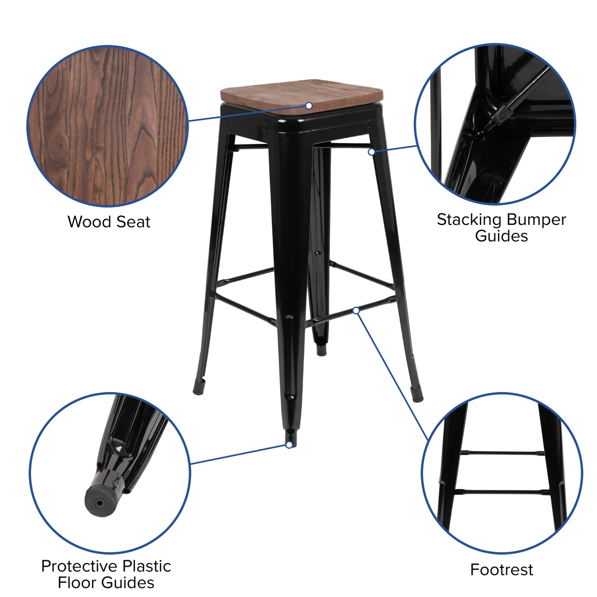 30" High Metal Indoor Bar Stool with Wood Seat - Stackable Set of 4