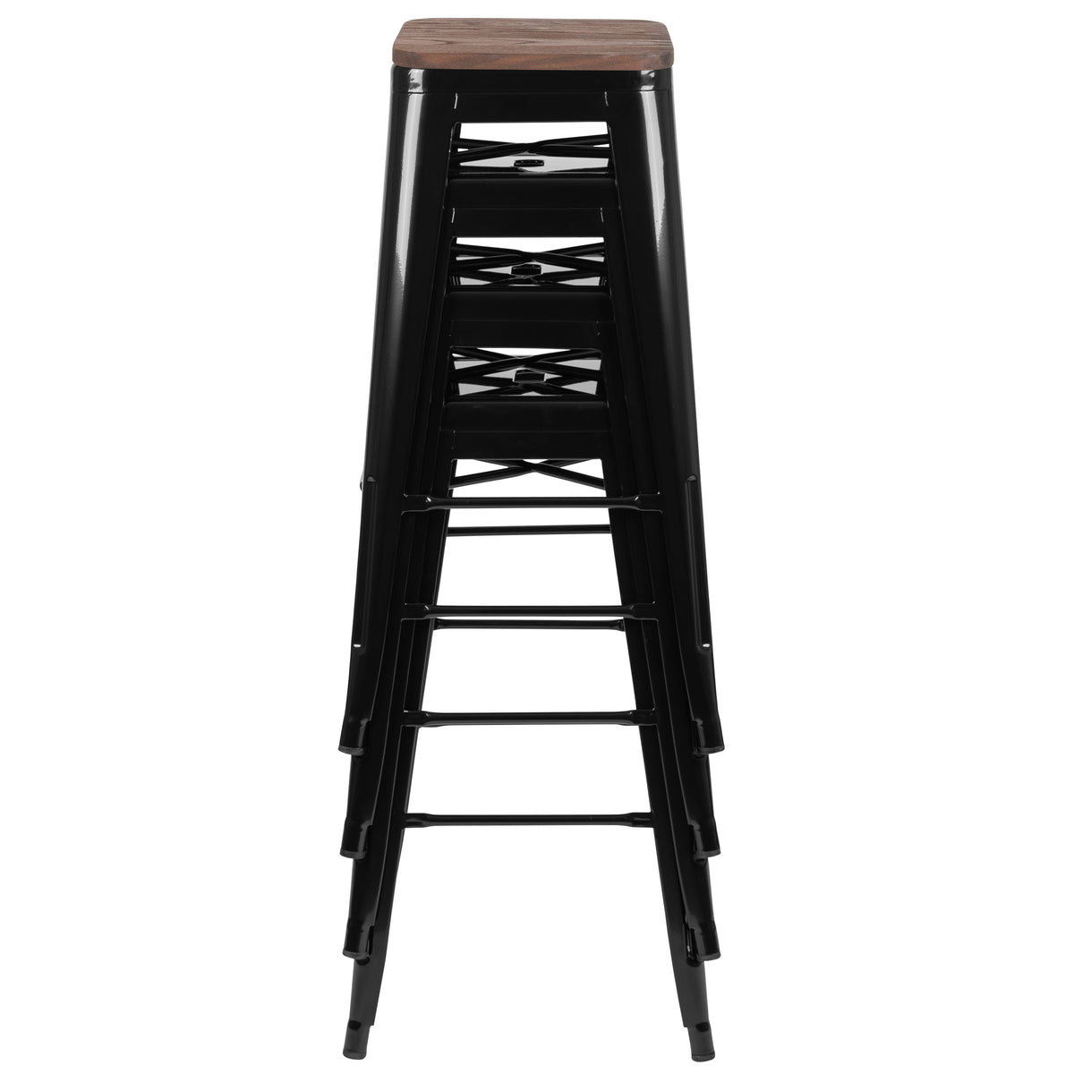 30" High Metal Indoor Bar Stool with Wood Seat - Stackable Set of 4