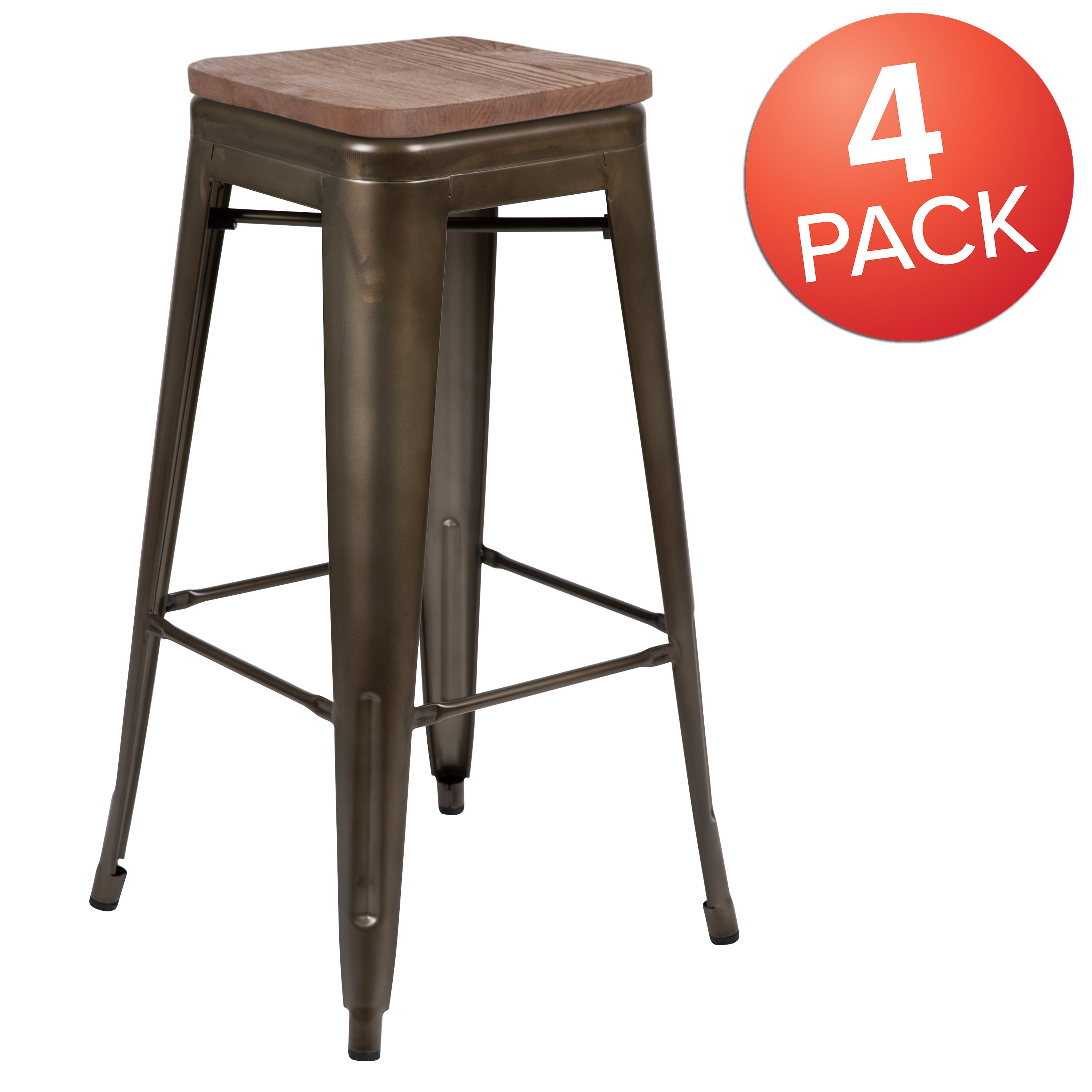 30" High Metal Indoor Bar Stool with Wood Seat - Stackable Set of 4-Indoor/Outdoor Bar Stool-Flash Furniture-Wall2Wall Furnishings