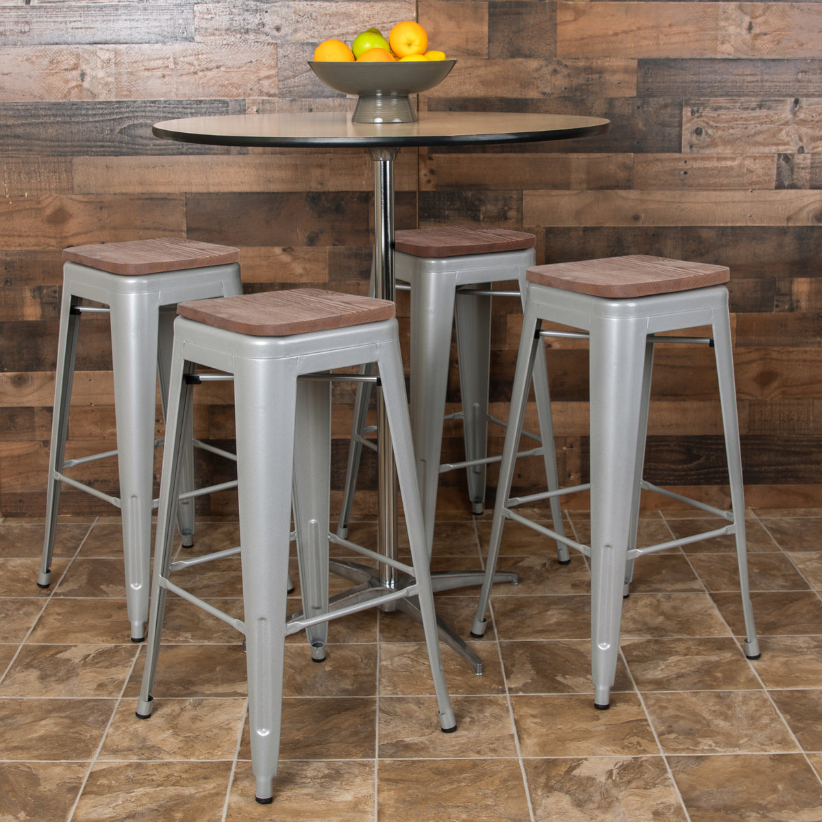 30" High Metal Indoor Bar Stool with Wood Seat - Stackable Set of 4