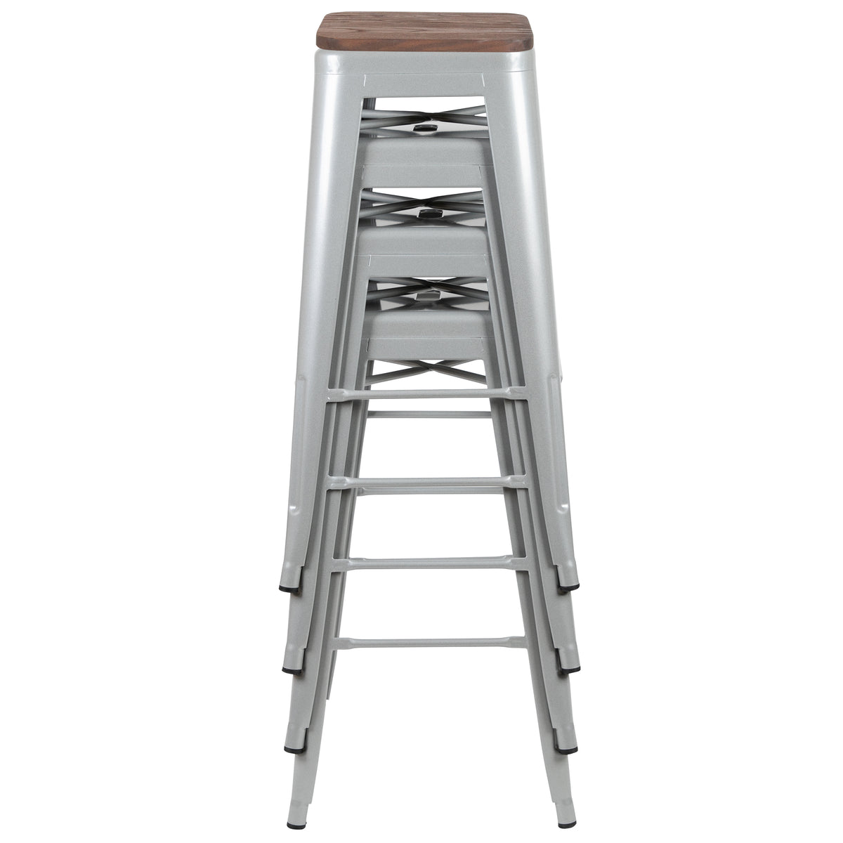 30" High Metal Indoor Bar Stool with Wood Seat - Stackable Set of 4