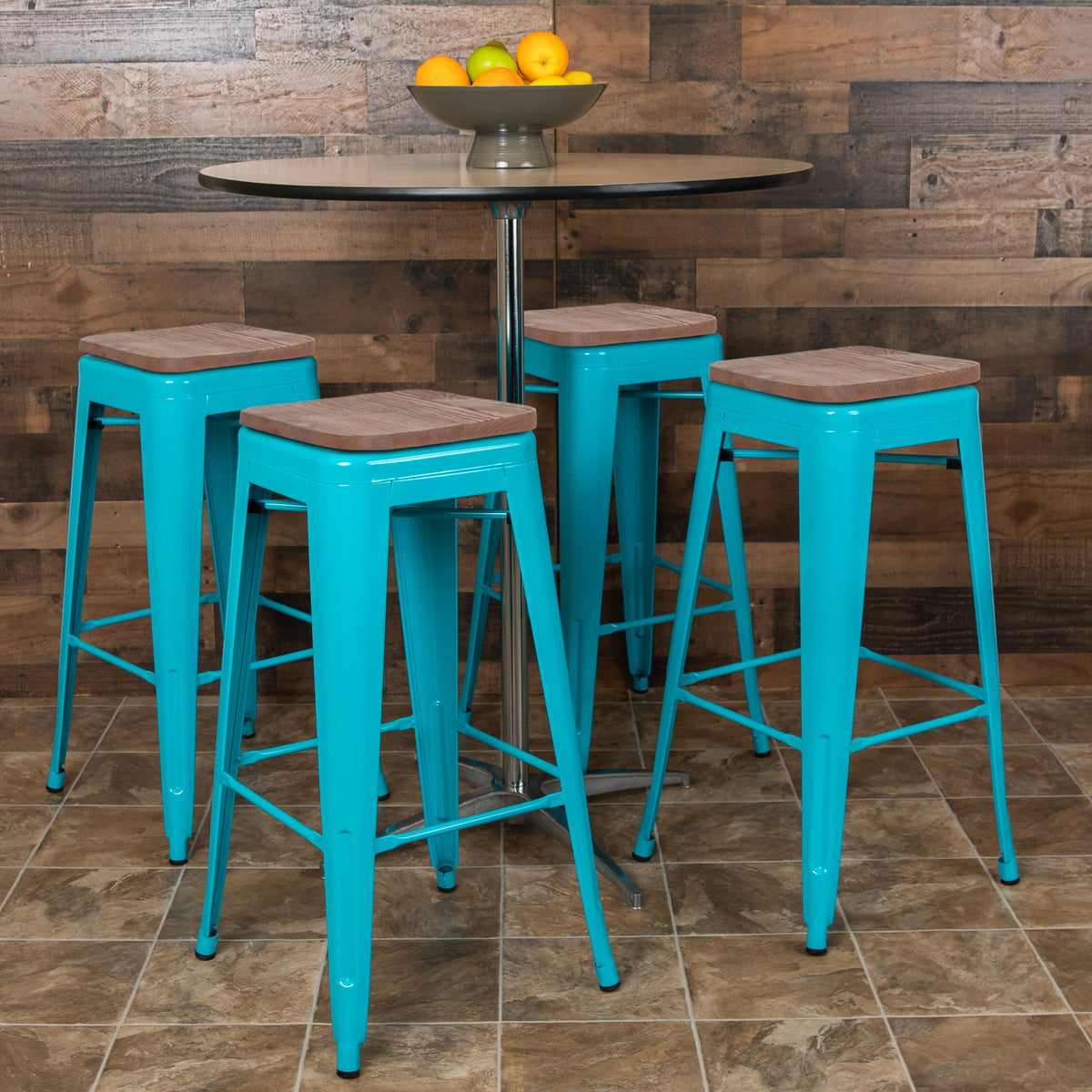 30" High Metal Indoor Bar Stool with Wood Seat - Stackable Set of 4