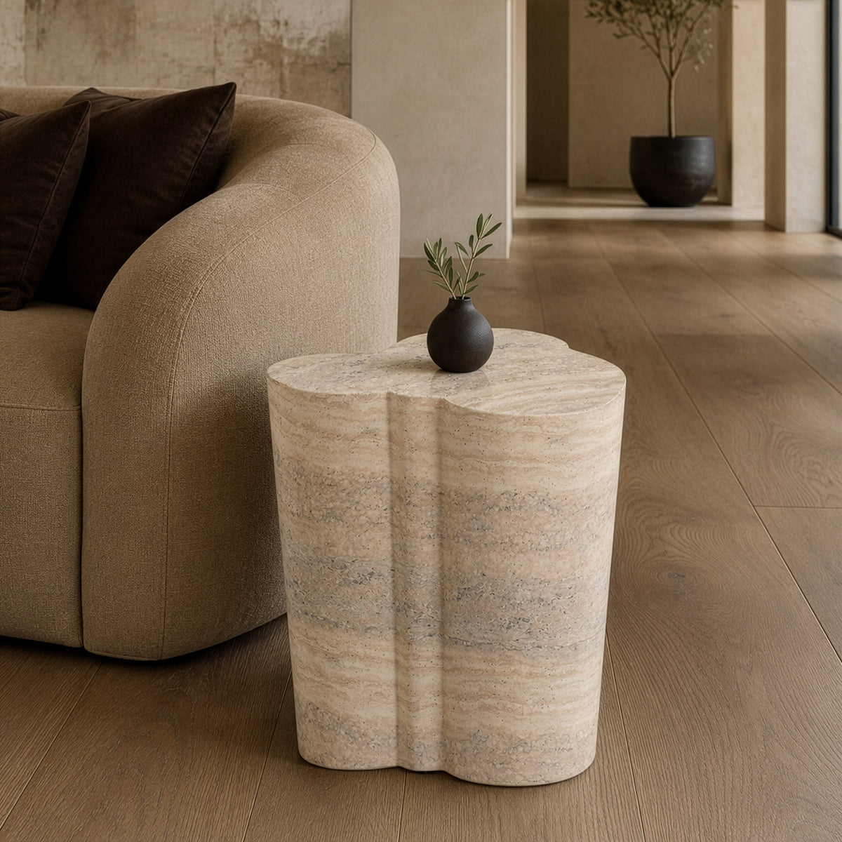 Meru - Modern Faux Travertine Concrete End Table
