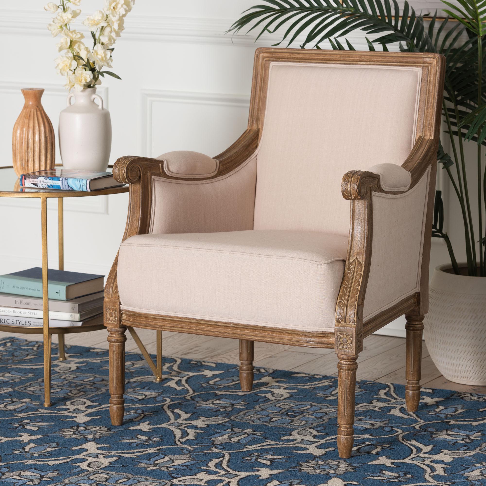 Chavanon Wood & Light Linen Traditional French Accent Chair