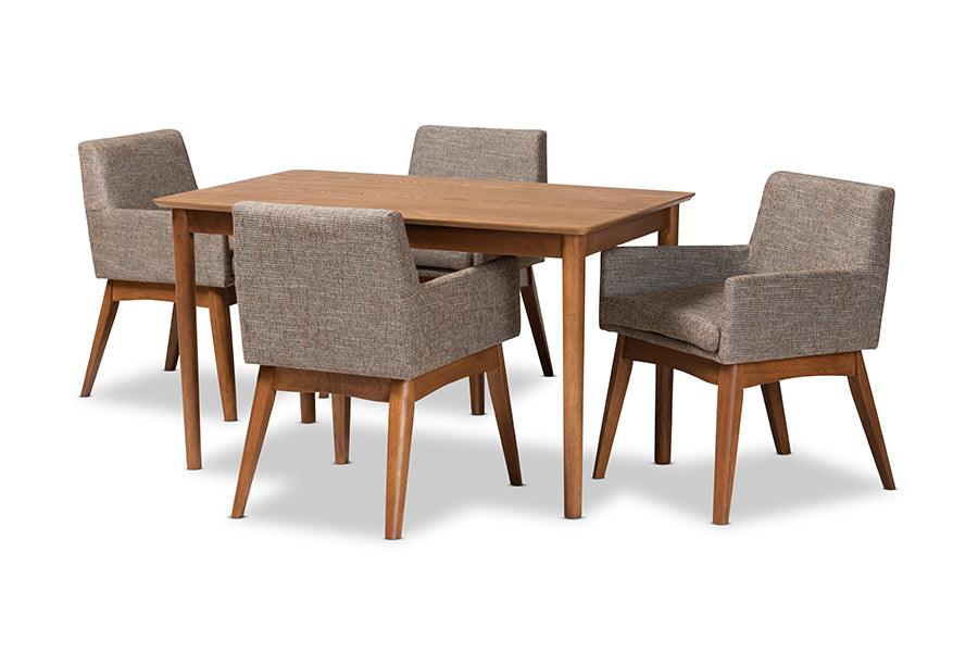 Dorina Mid-Century Modern Gravel Fabric Upholstered and Finished Wood 5-Piece Dining Set