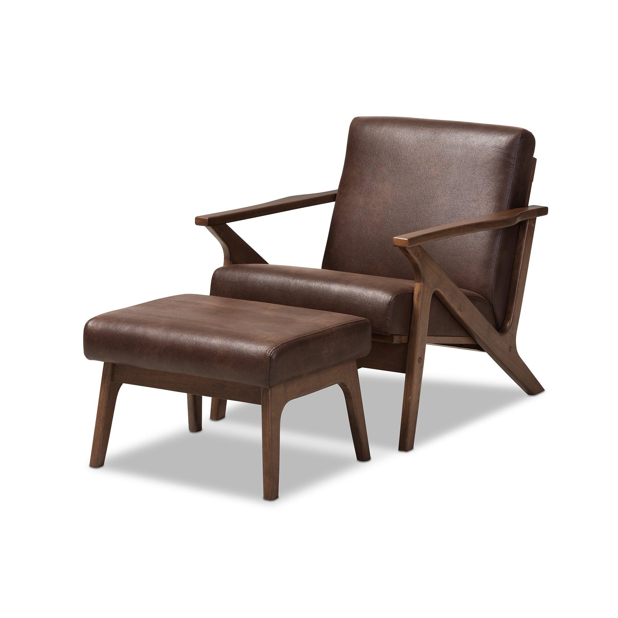 Bianca Mid-Century Modern Wood Distressed Faux Leather Lounge Chair And Ottoman Set