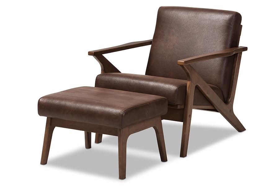 Bianca Mid-Century Modern Wood Distressed Faux Leather Lounge Chair And Ottoman Set