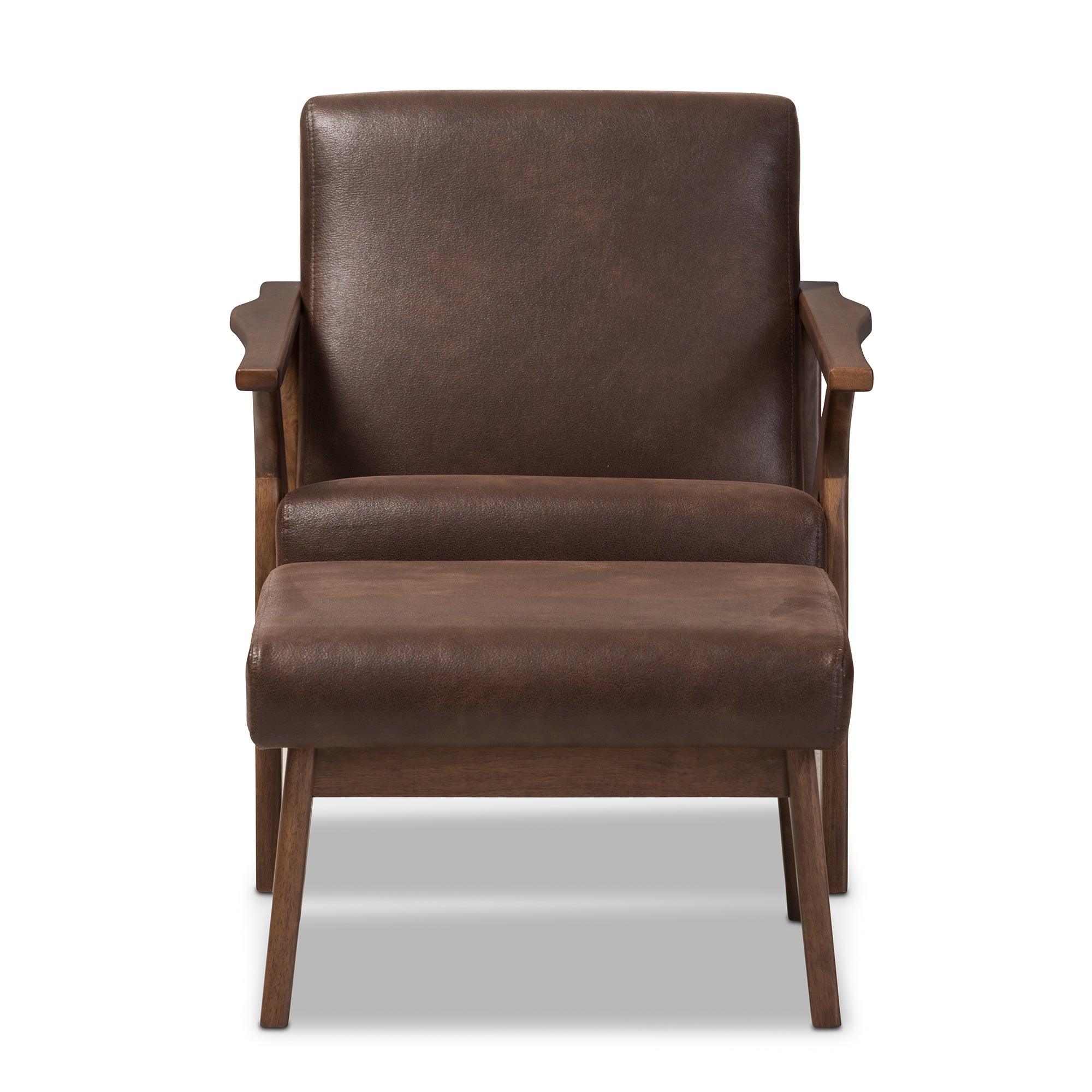 Bianca Mid-Century Modern Wood Distressed Faux Leather Lounge Chair And Ottoman Set