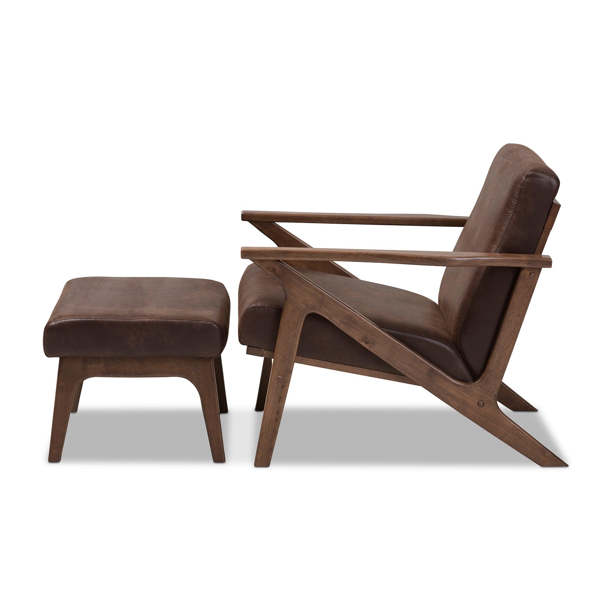 Bianca Mid-Century Modern Wood Distressed Faux Leather Lounge Chair And Ottoman Set