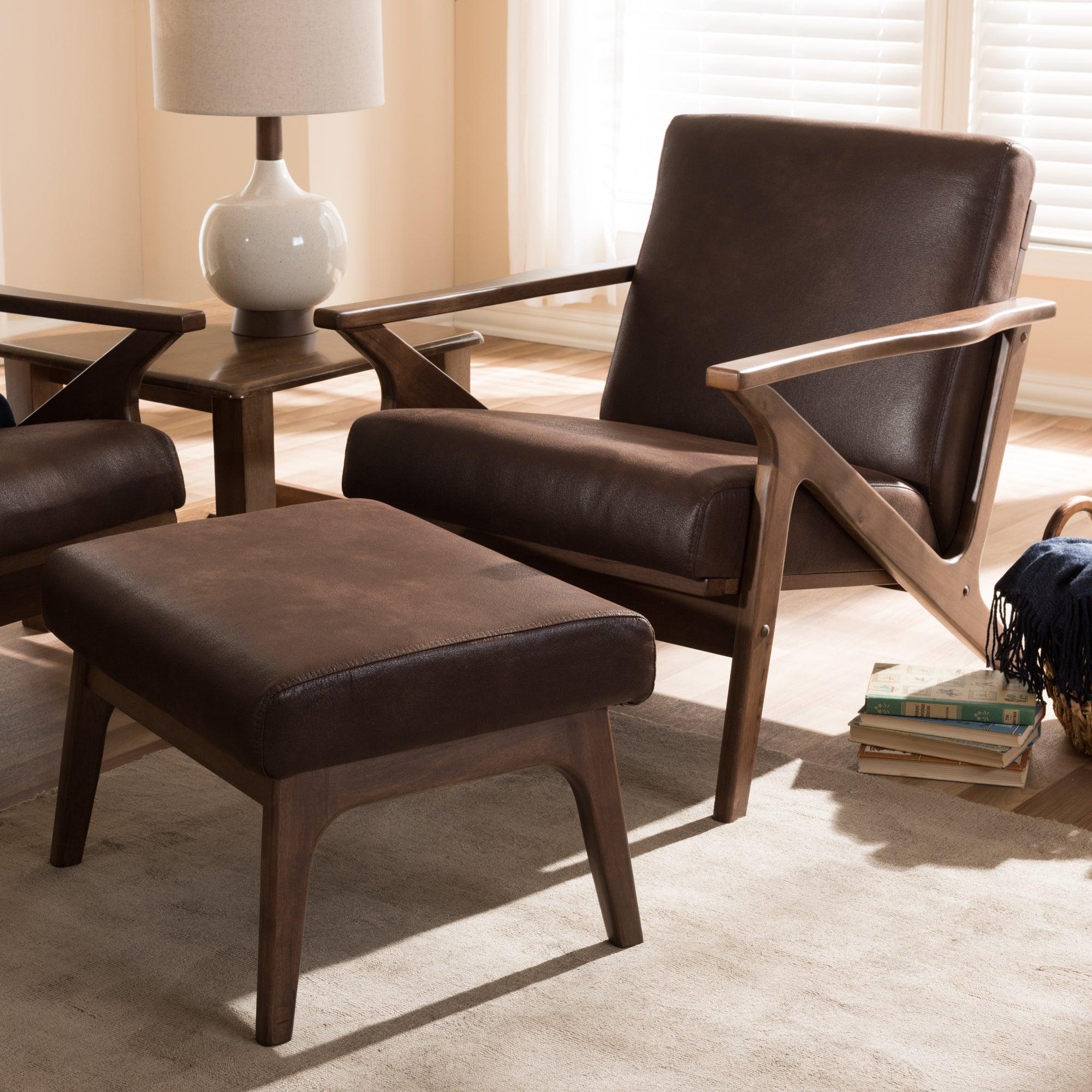 Bianca Mid-Century Modern Wood Distressed Faux Leather Lounge Chair And Ottoman Set