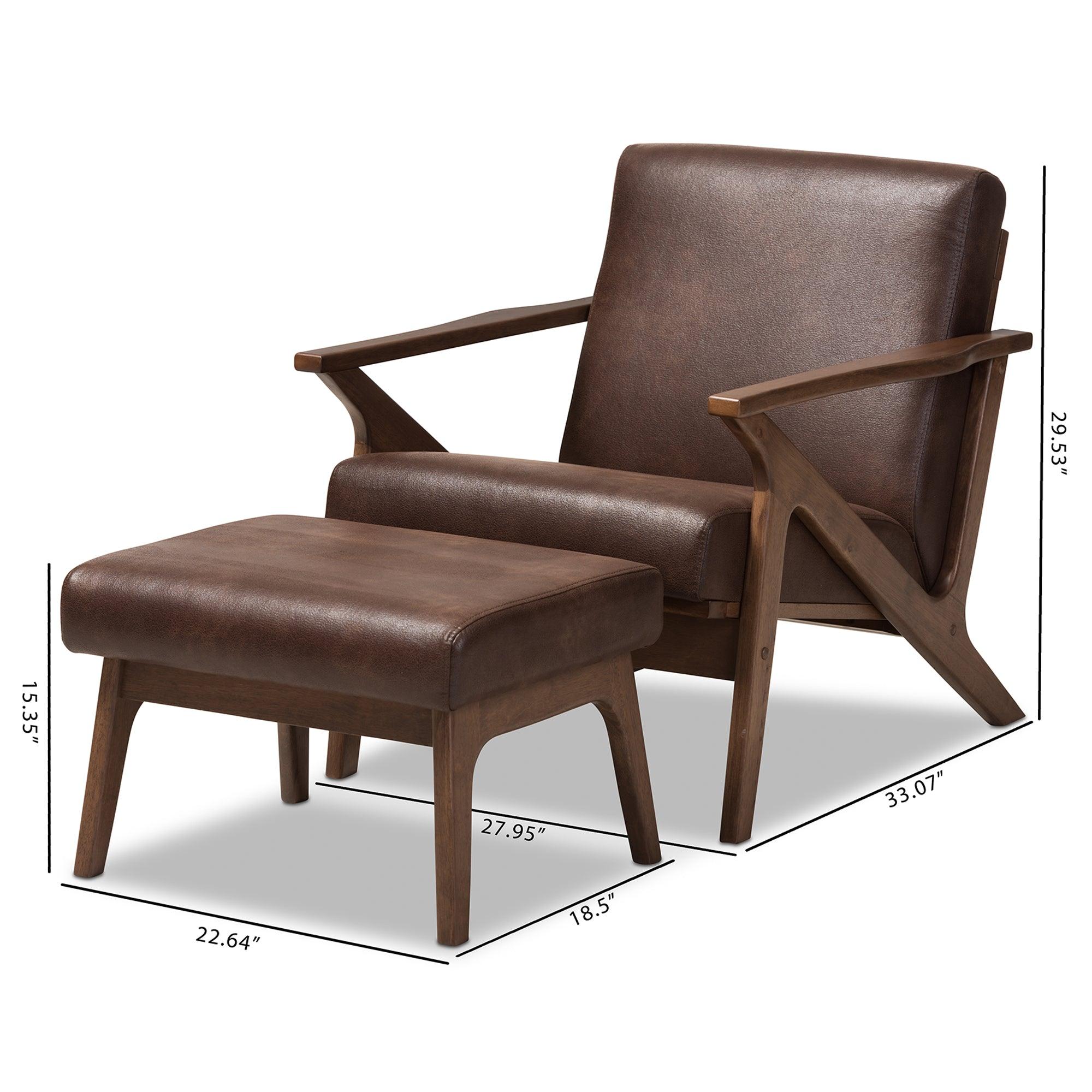 Bianca Mid-Century Modern Wood Distressed Faux Leather Lounge Chair And Ottoman Set