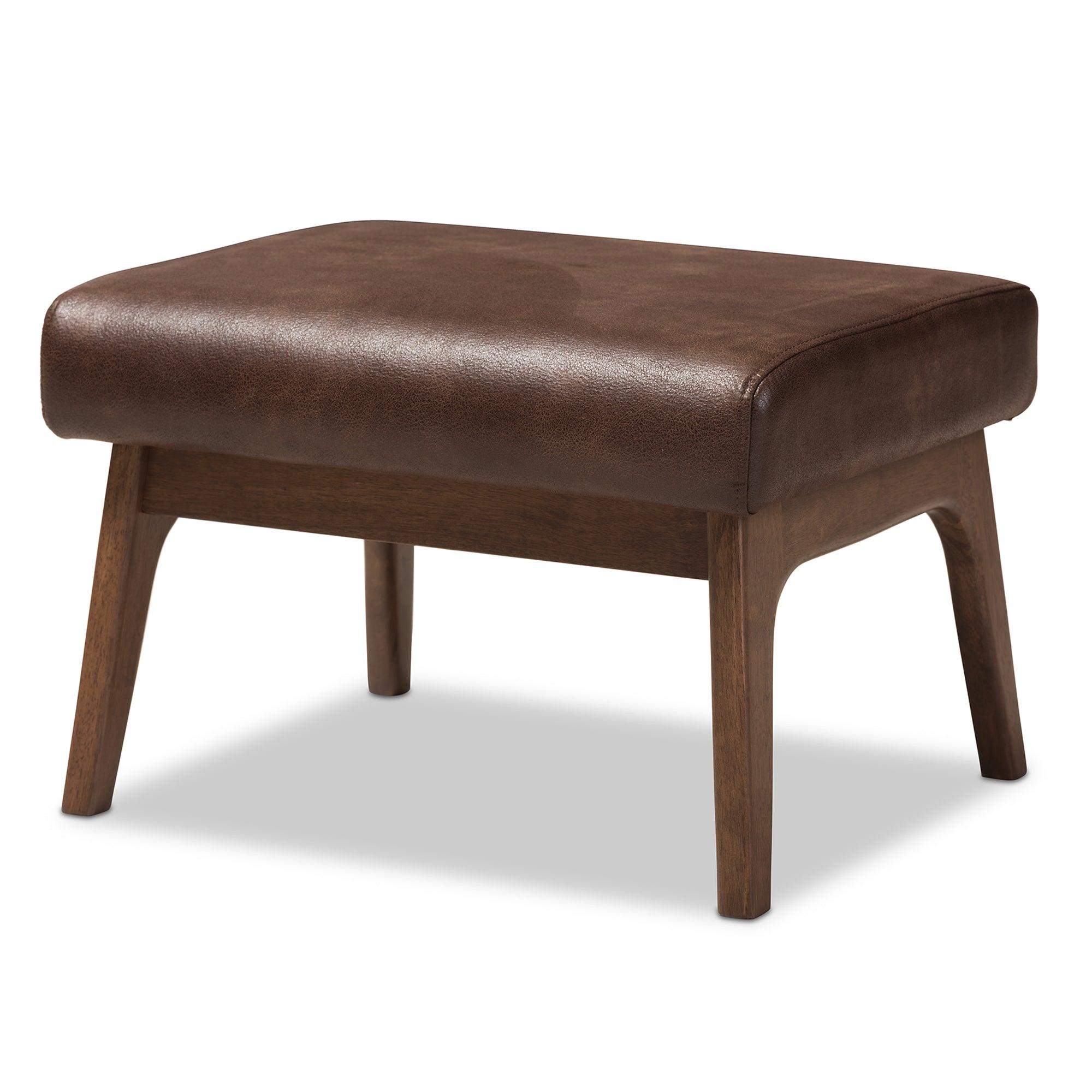 Bianca Mid-Century Modern Wood Distressed Faux Leather Ottoman