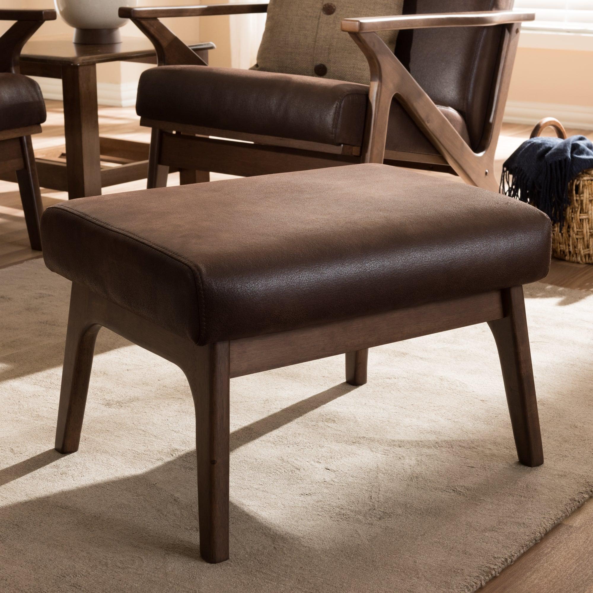 Bianca Mid-Century Modern Wood Distressed Faux Leather Ottoman