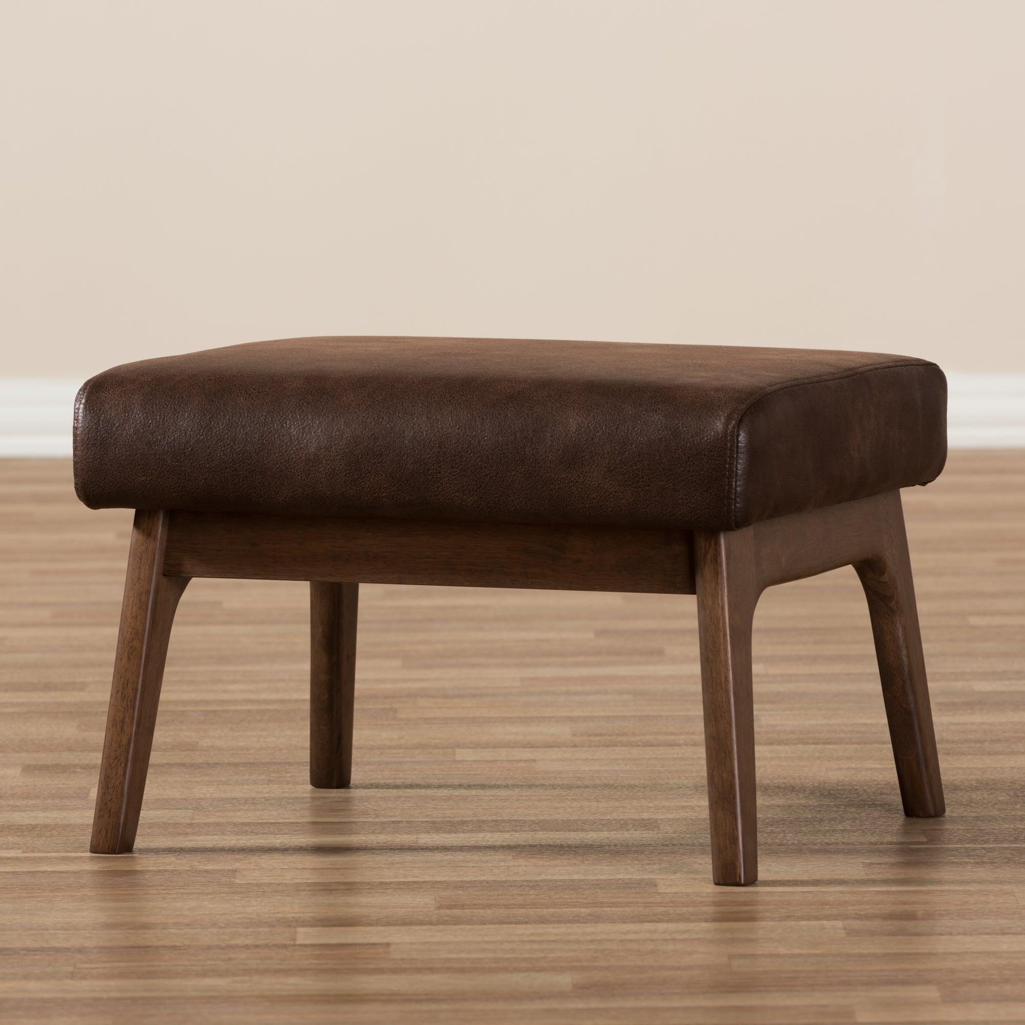 Bianca Mid-Century Modern Wood Distressed Faux Leather Ottoman