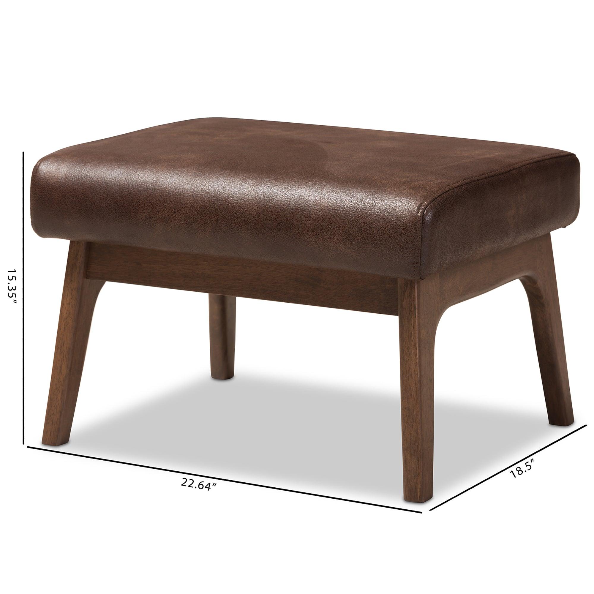 Bianca Mid-Century Modern Wood Distressed Faux Leather Ottoman