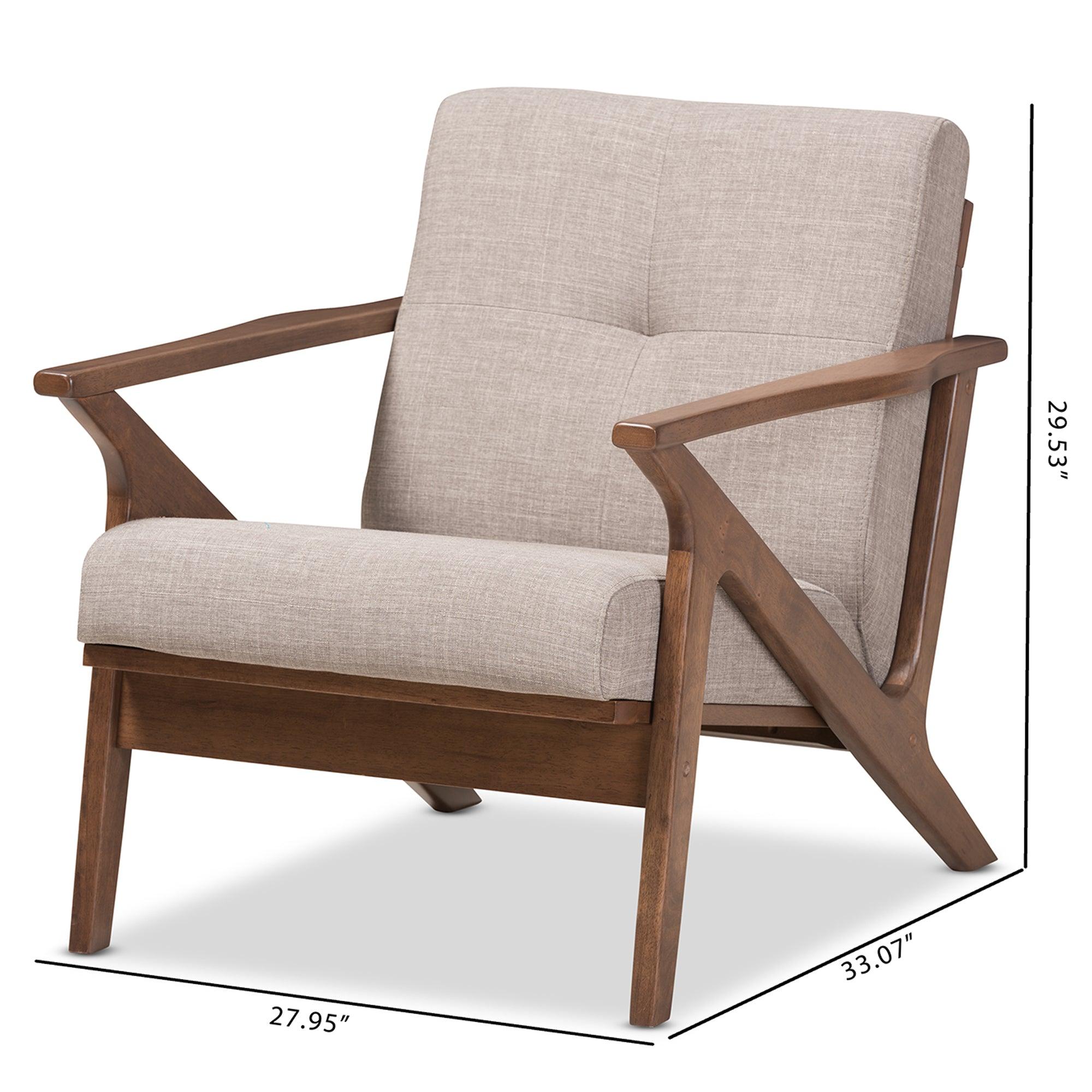 Bianca Mid-Century Modern Wood Light Fabric Tufted Lounge Chair