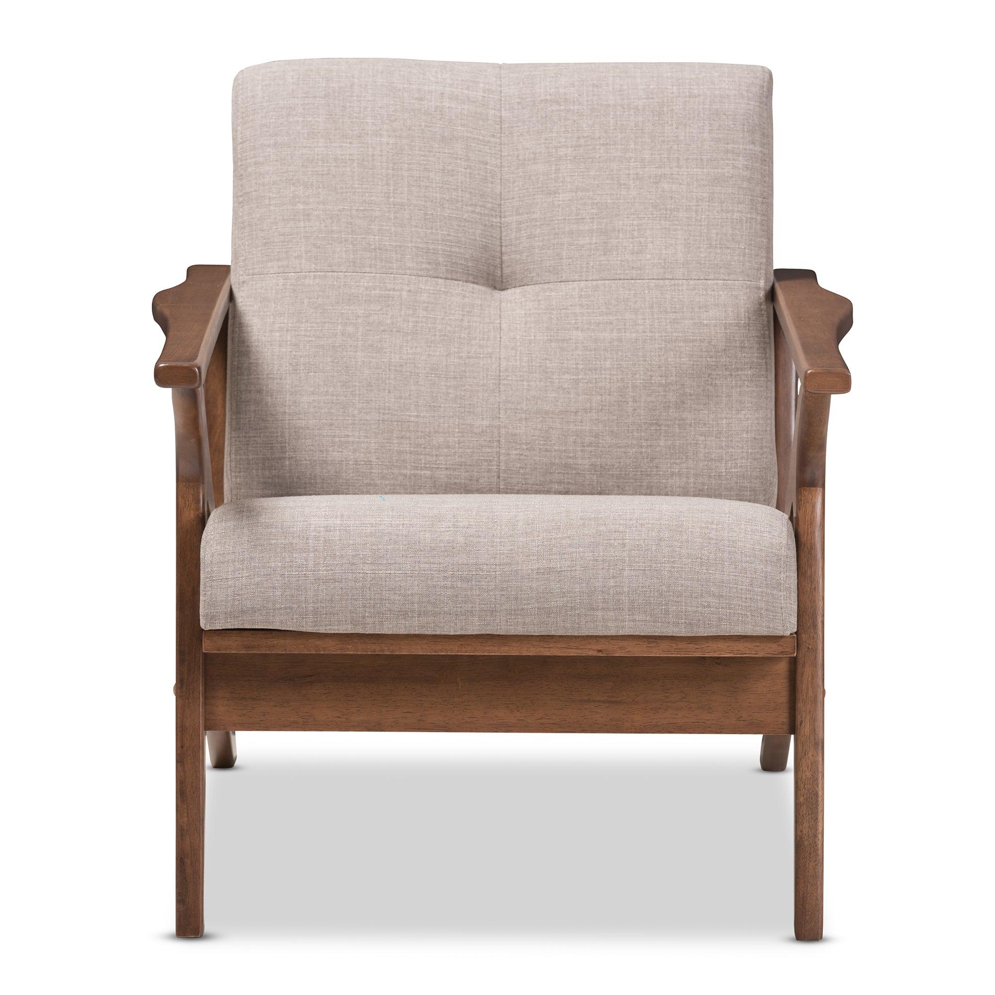 Bianca Mid-Century Modern Wood Light Fabric Tufted Lounge Chair