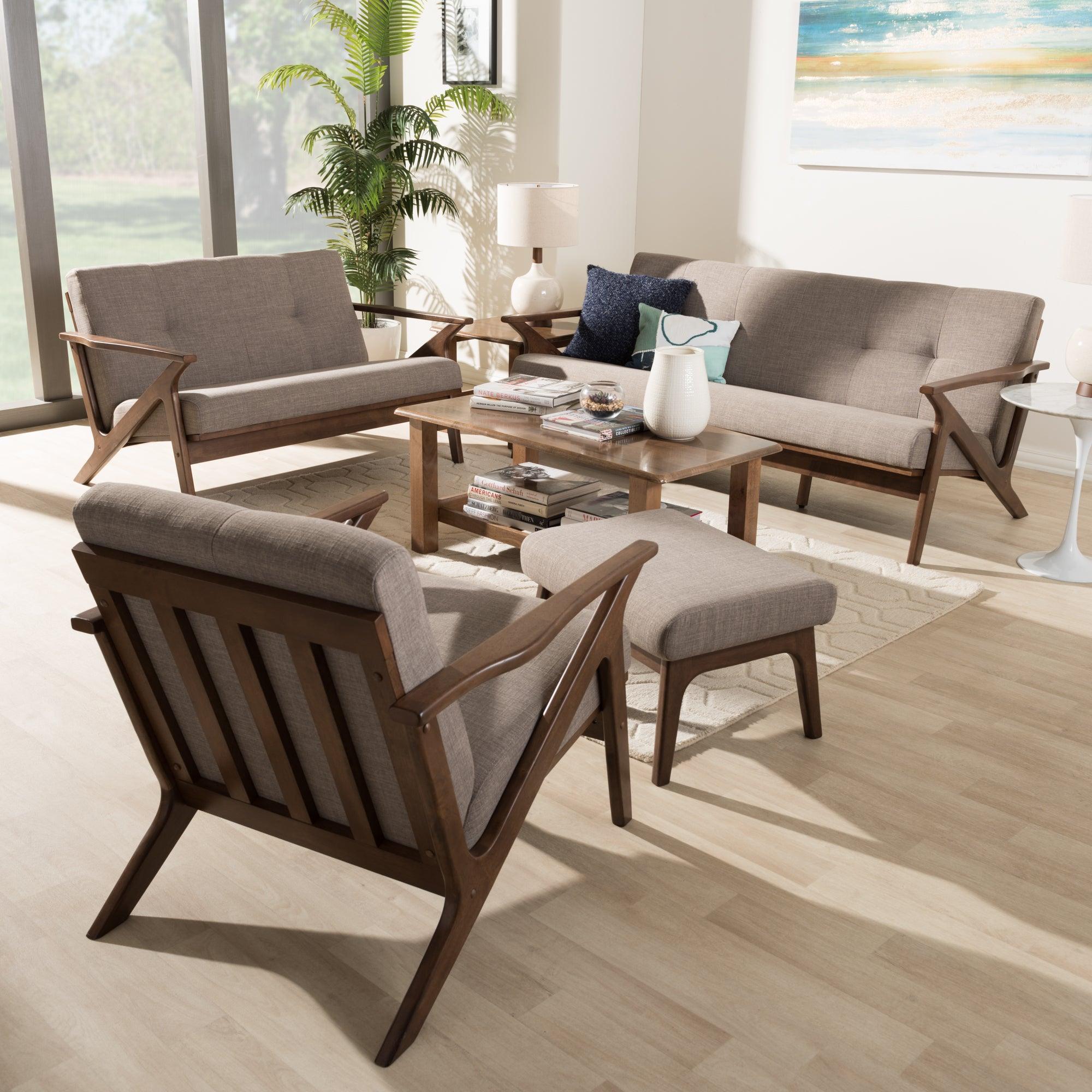 Bianca Mid-Century Modern Wood Light Fabric Tufted Livingroom Sofa Set