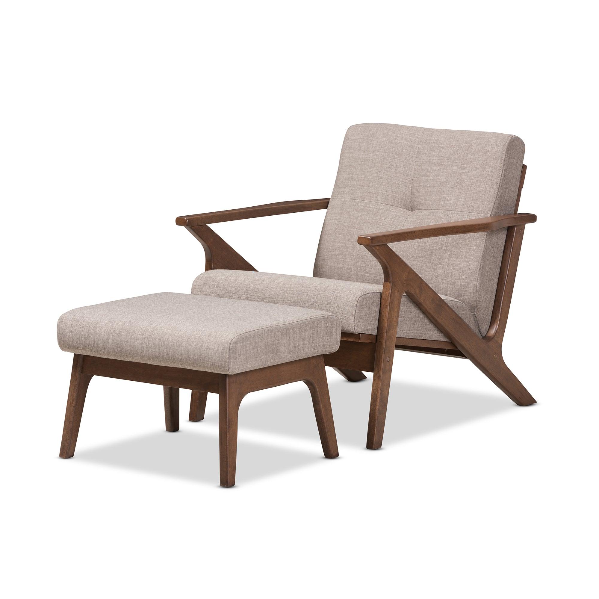 Bianca Mid-Century Modern Wood Light Fabric Tufted Lounge Chair And Ottoman Set