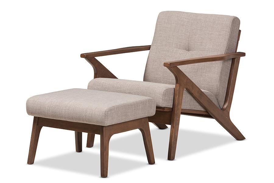 Bianca Mid-Century Modern Wood Light Fabric Tufted Lounge Chair And Ottoman Set