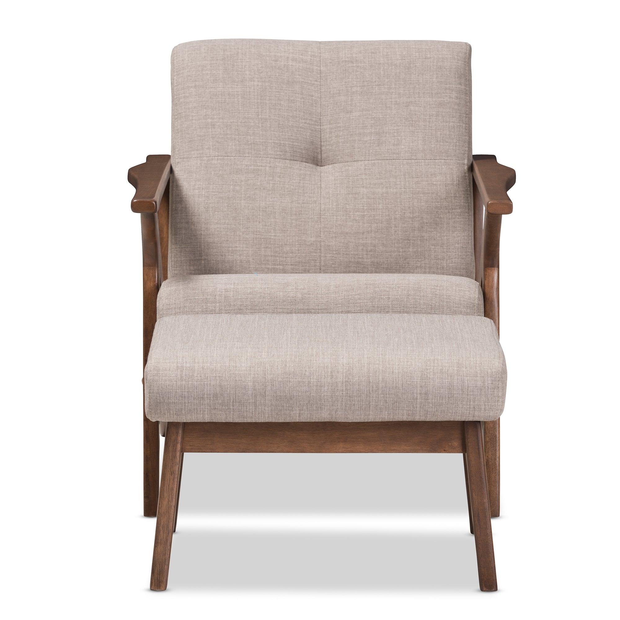 Bianca Mid-Century Modern Wood Light Fabric Tufted Lounge Chair And Ottoman Set
