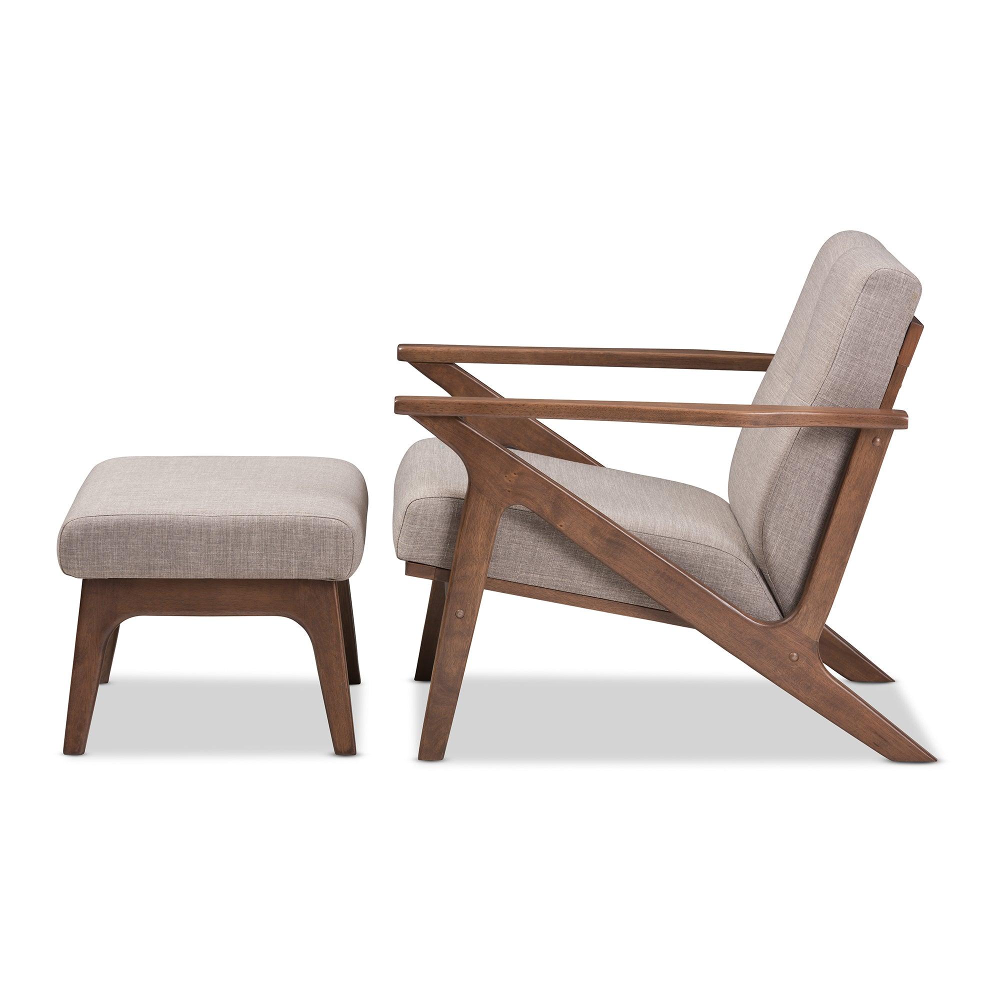 Bianca Mid-Century Modern Wood Light Fabric Tufted Lounge Chair And Ottoman Set