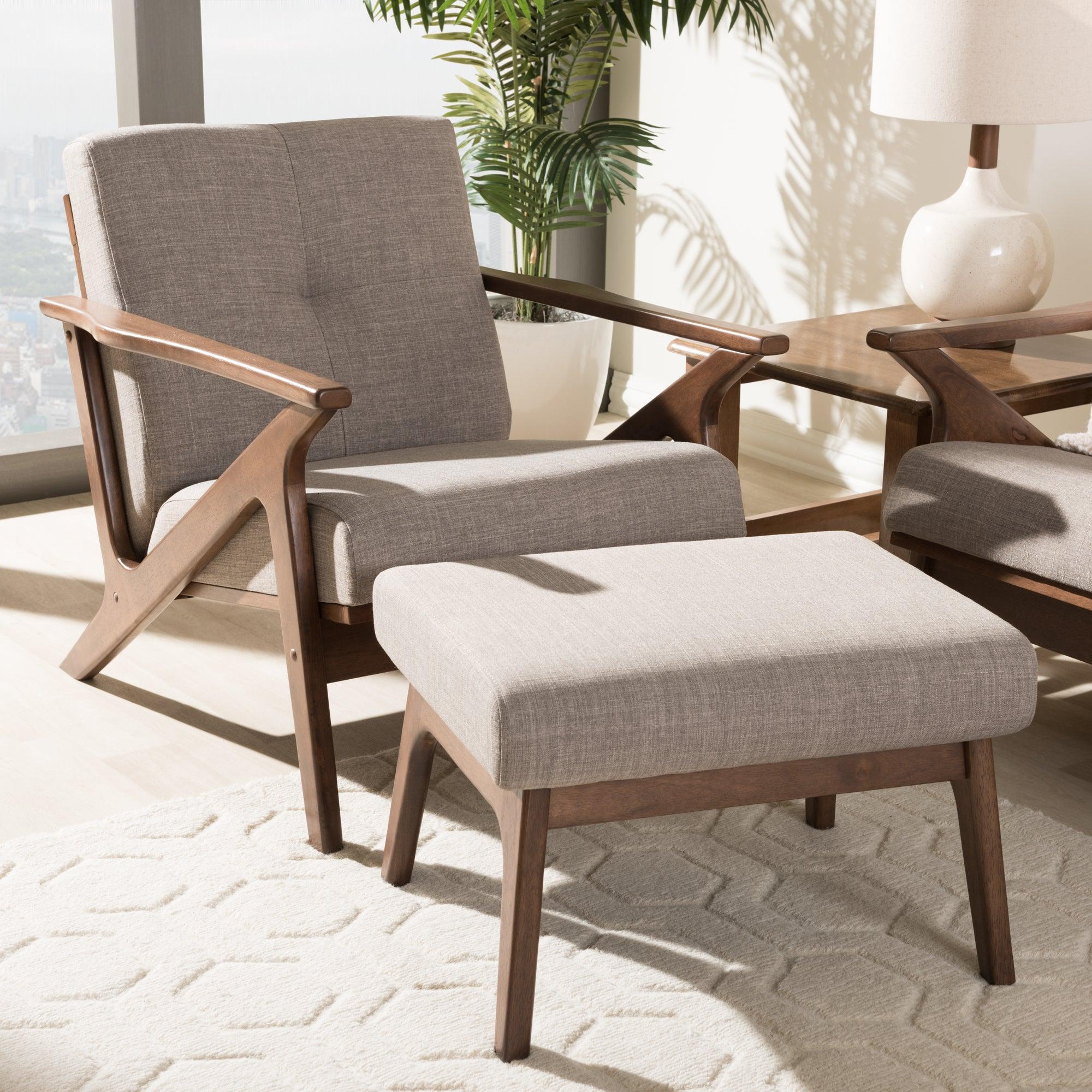Bianca Mid-Century Modern Wood Light Fabric Tufted Lounge Chair And Ottoman Set
