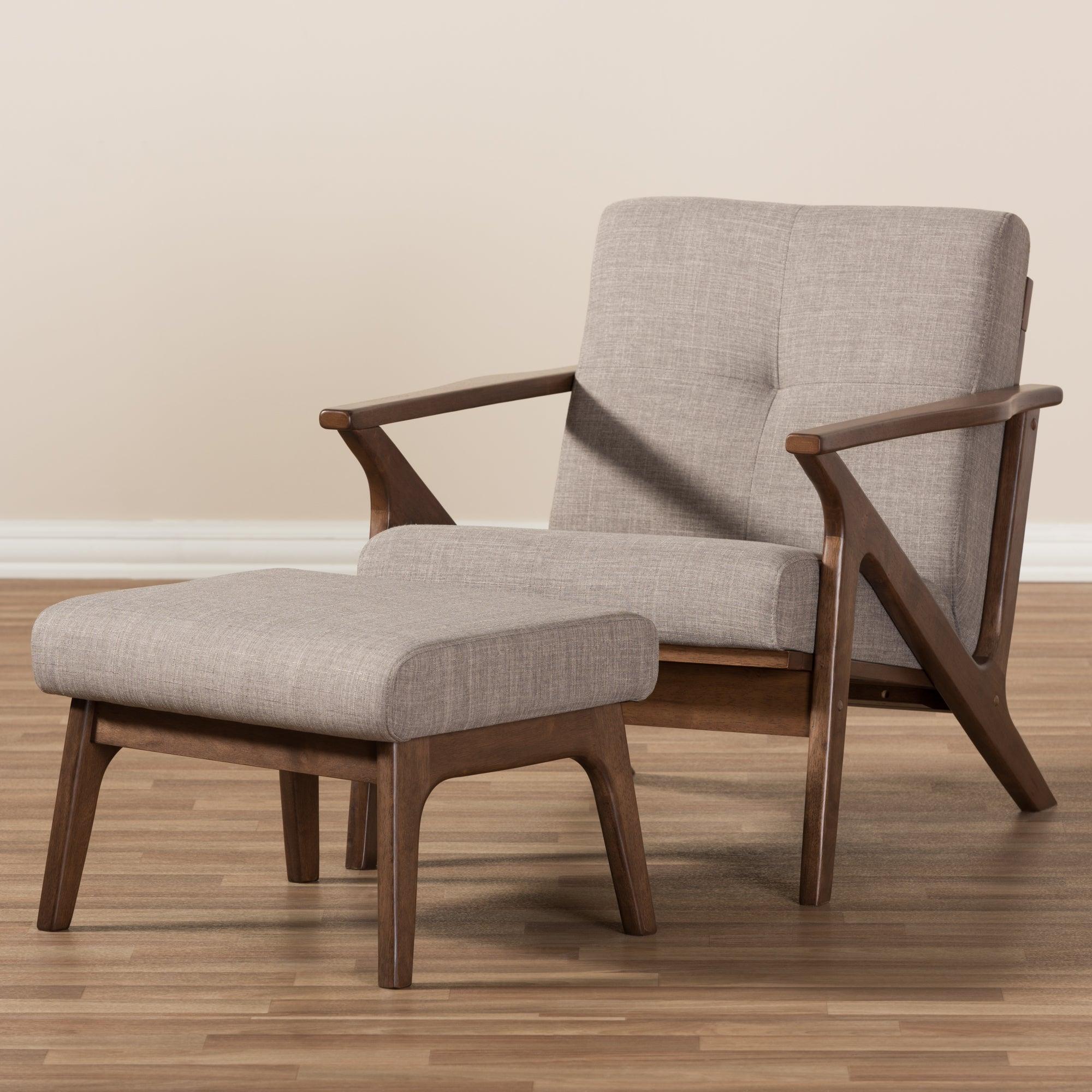 Bianca Mid-Century Modern Wood Light Fabric Tufted Lounge Chair And Ottoman Set