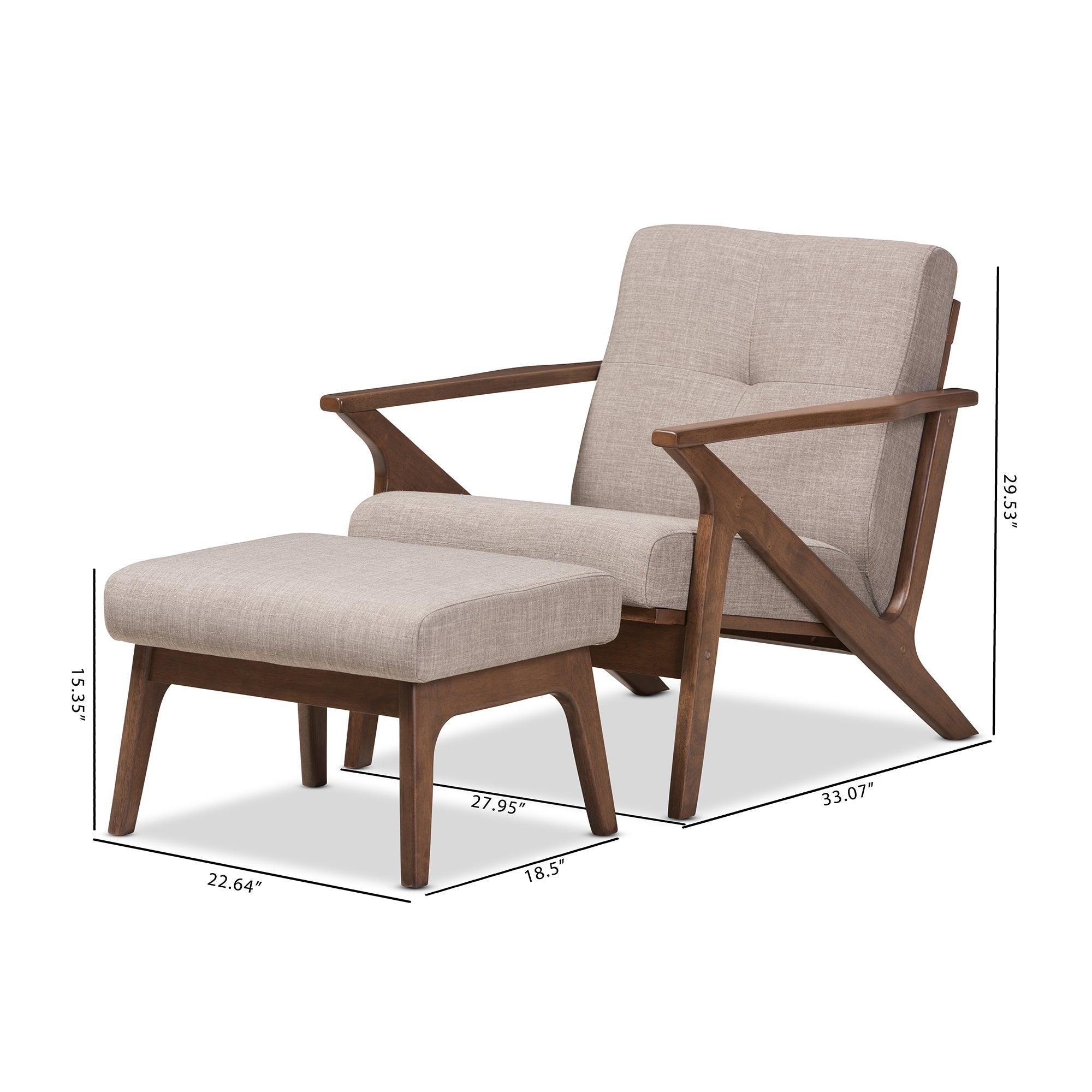 Bianca Mid-Century Modern Wood Light Fabric Tufted Lounge Chair And Ottoman Set