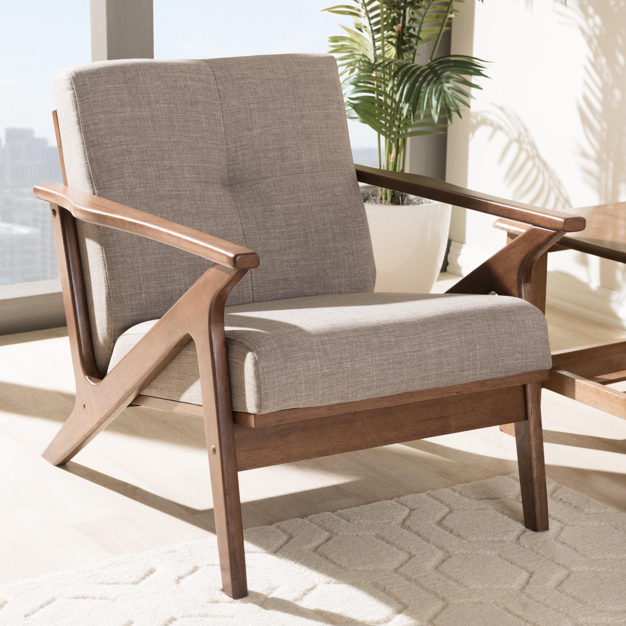 Bianca Mid-Century Modern Wood Light Fabric Tufted Lounge Chair