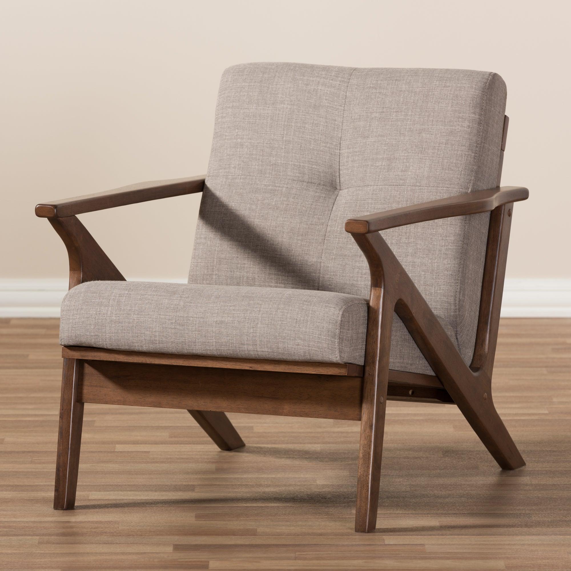 Bianca Mid-Century Modern Wood Light Fabric Tufted Lounge Chair