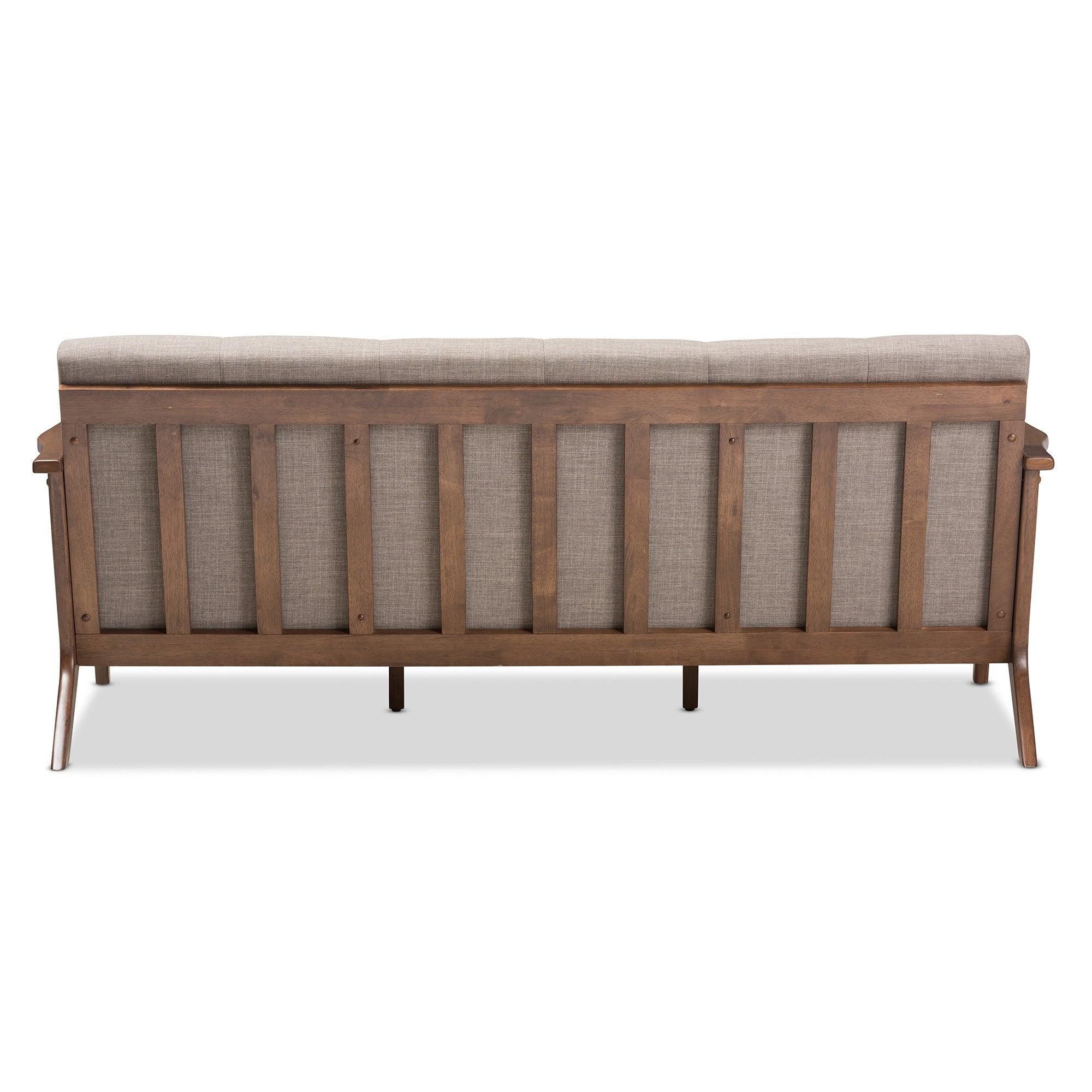 Bianca Mid-Century Modern Wood Light Fabric Tufted 3-Seater Sofa