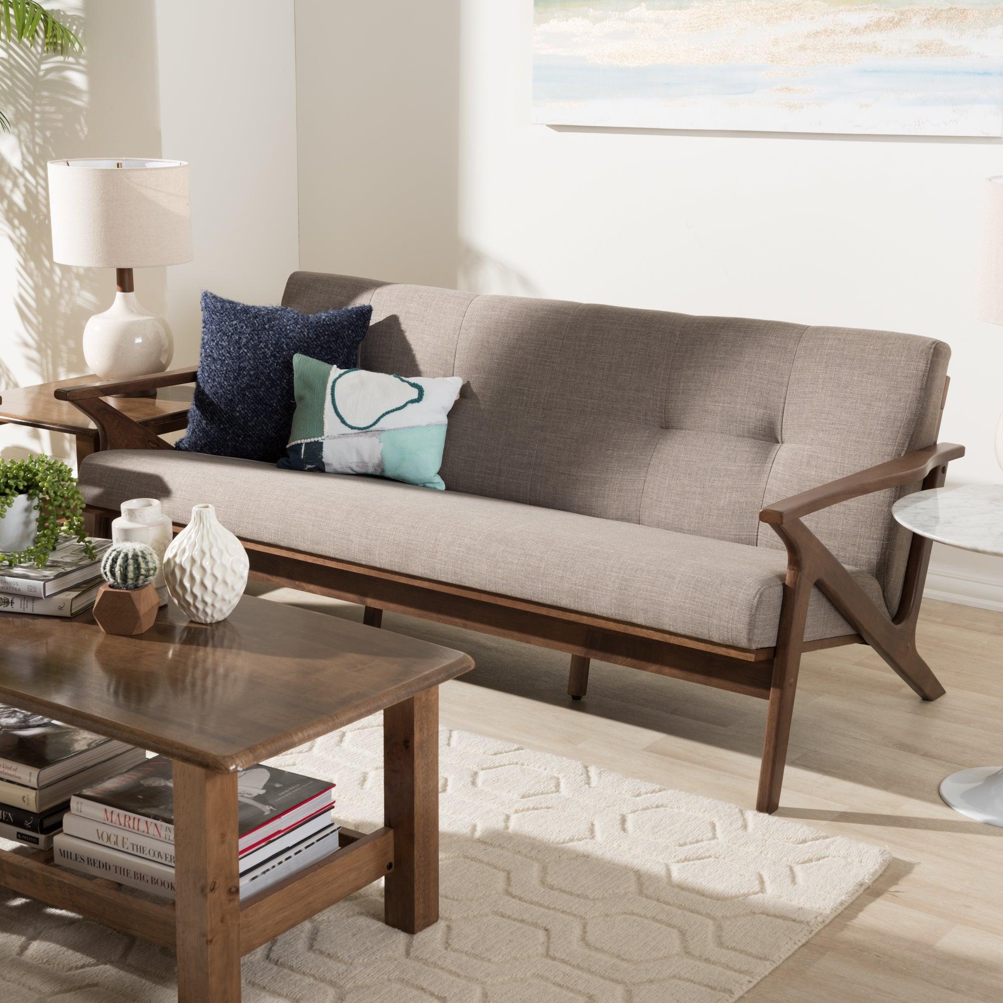 Bianca Mid-Century Modern Wood Light Fabric Tufted 3-Seater Sofa