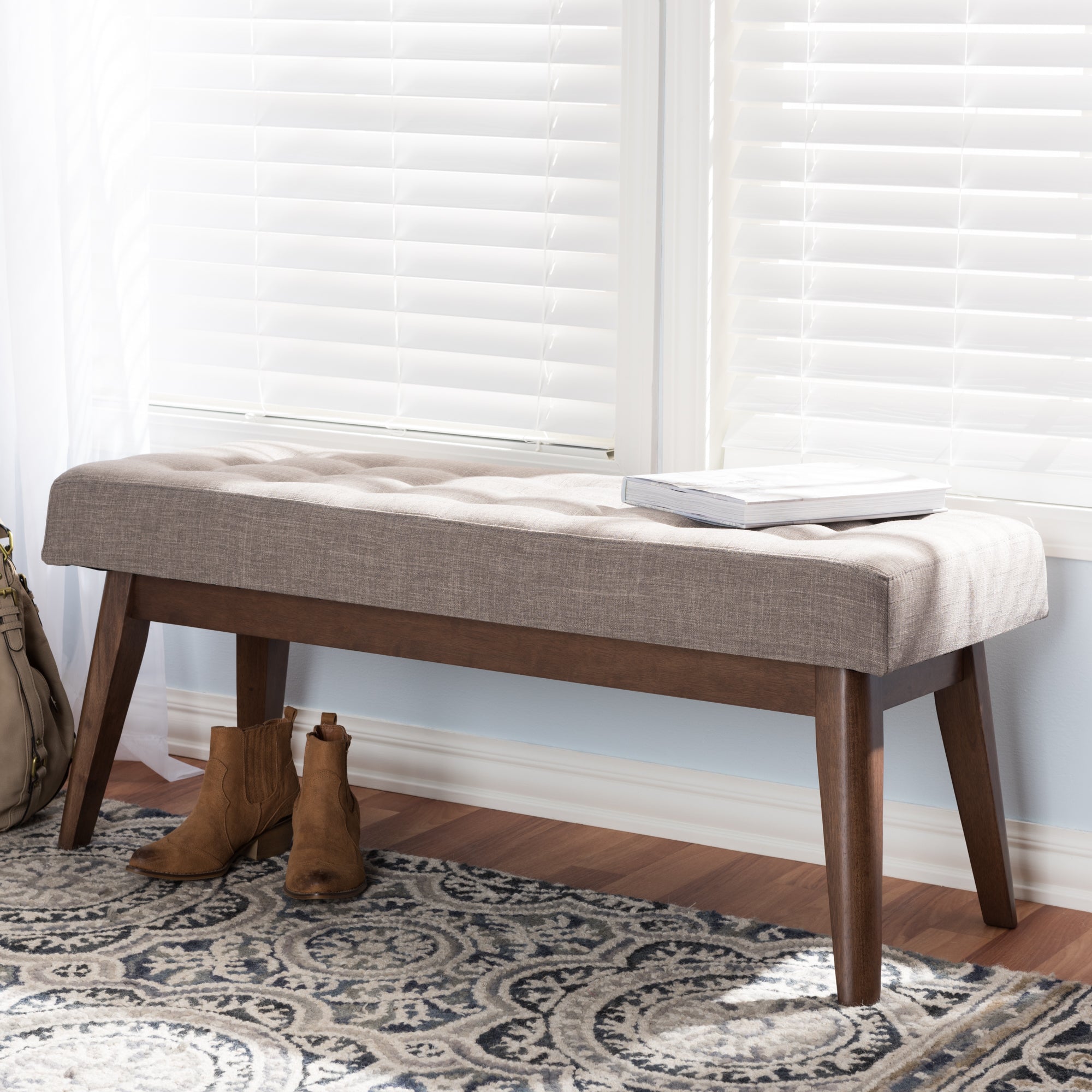 Elia Mid-Century Modern Wood Fabric Button-Tufted Bench