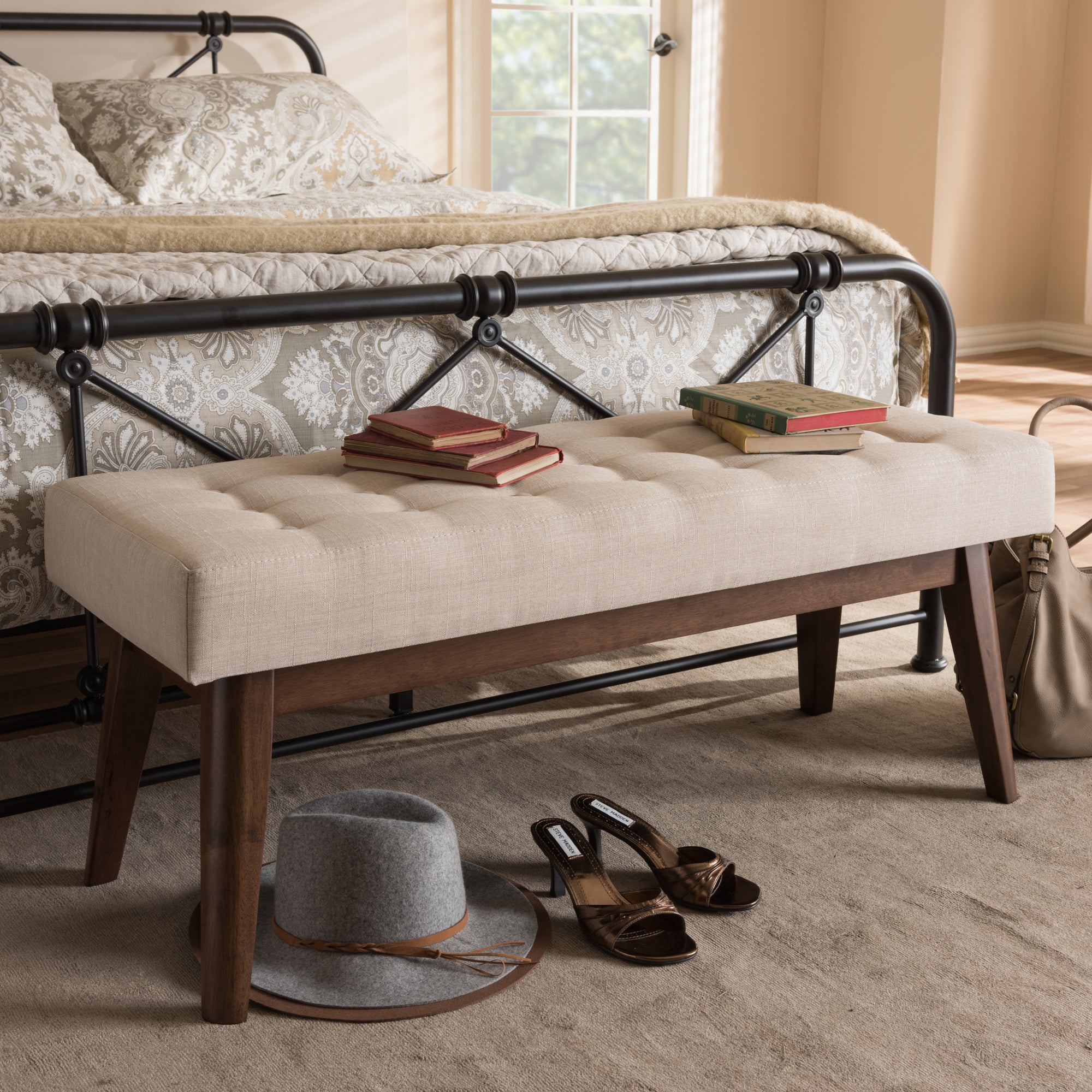 Elia Mid-Century Modern Wood Fabric Button-Tufted Bench