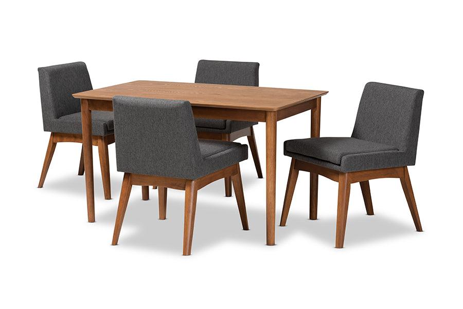 Nexus Mid-Century Modern Dark Fabric Upholstered and Finished Wood 5-Piece Dining Set