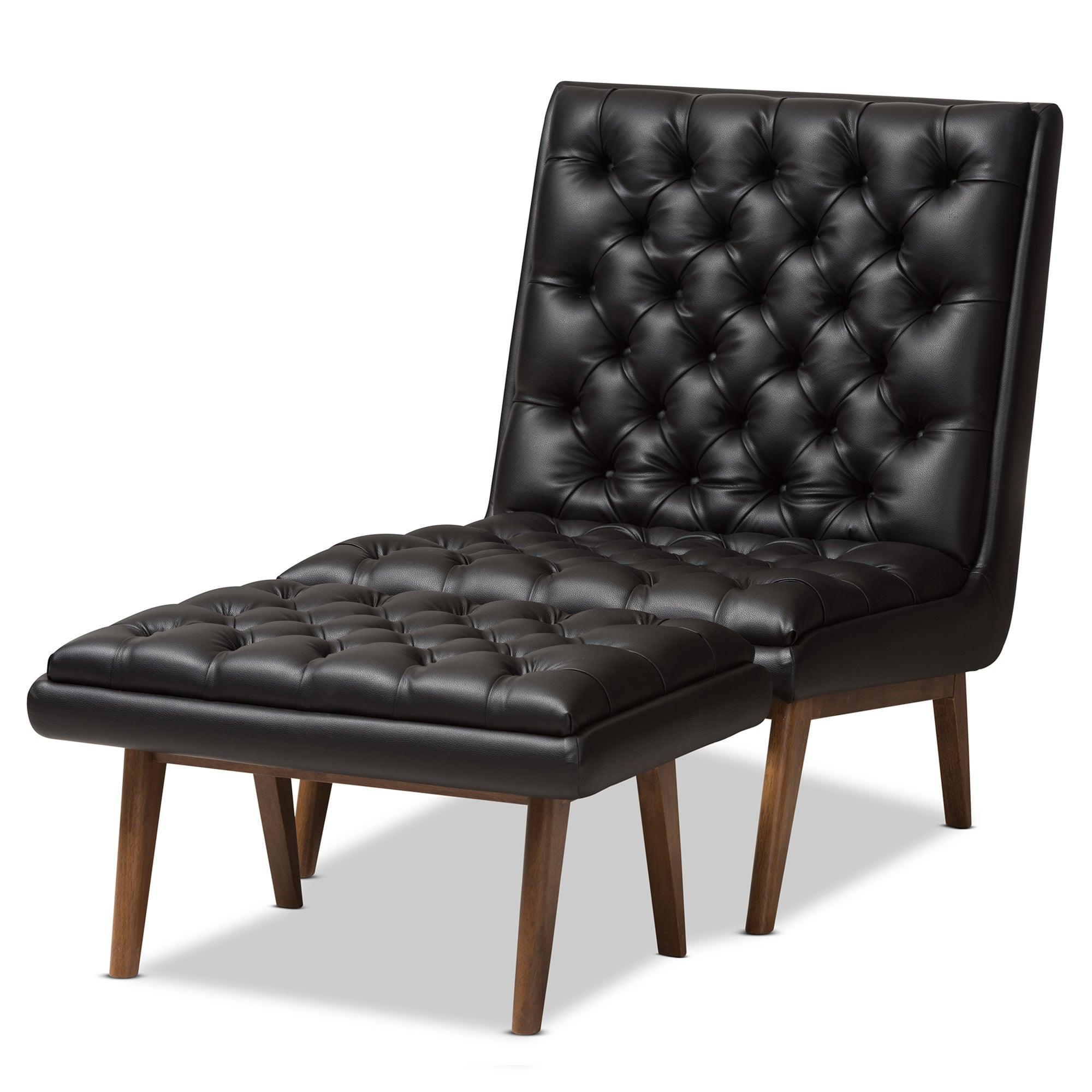 Annetha Mid-Century Modern Faux Leather Upholstered Finished Wood Chair And Ottoman Set