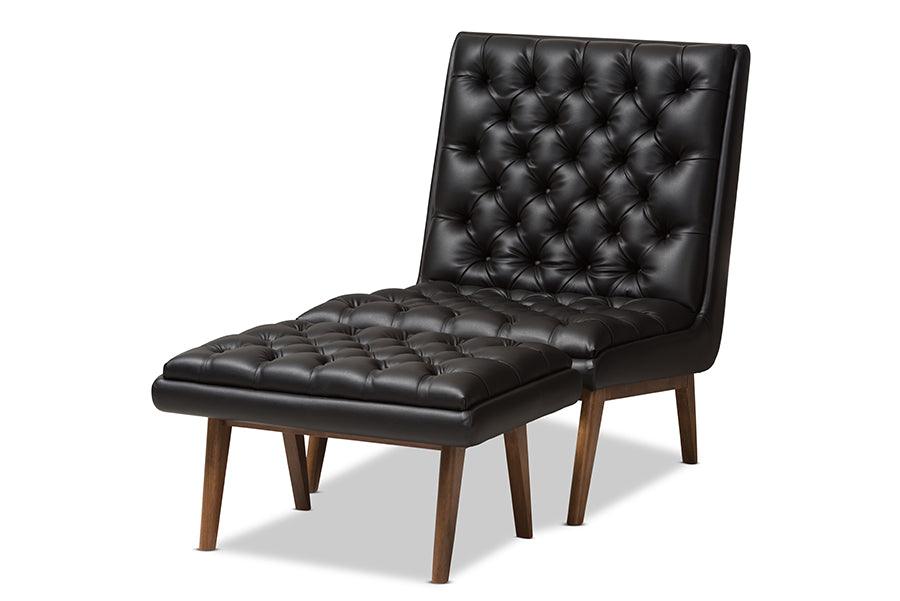 Annetha Mid-Century Modern Faux Leather Upholstered Finished Wood Chair And Ottoman Set