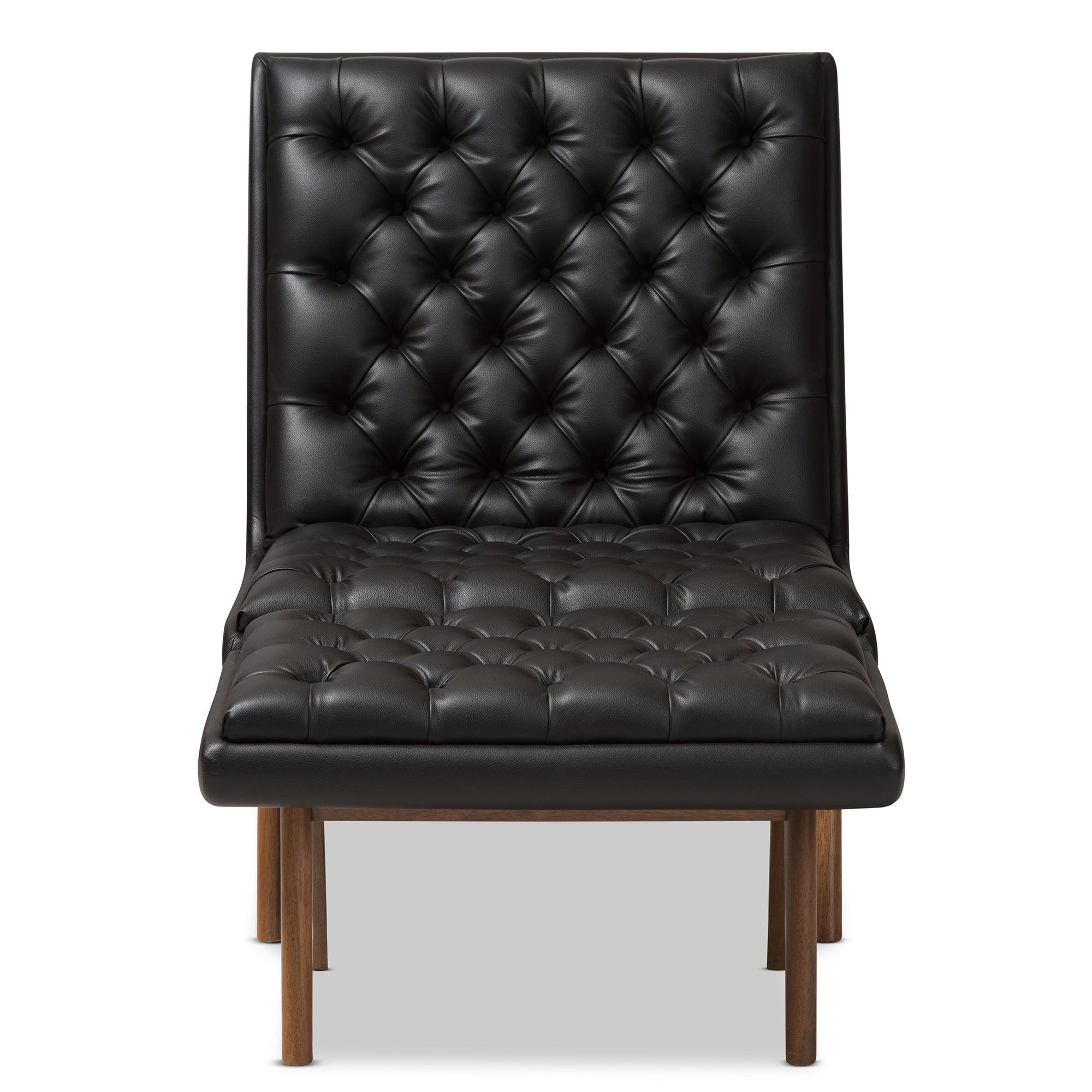 Annetha Mid-Century Modern Faux Leather Upholstered Finished Wood Chair And Ottoman Set