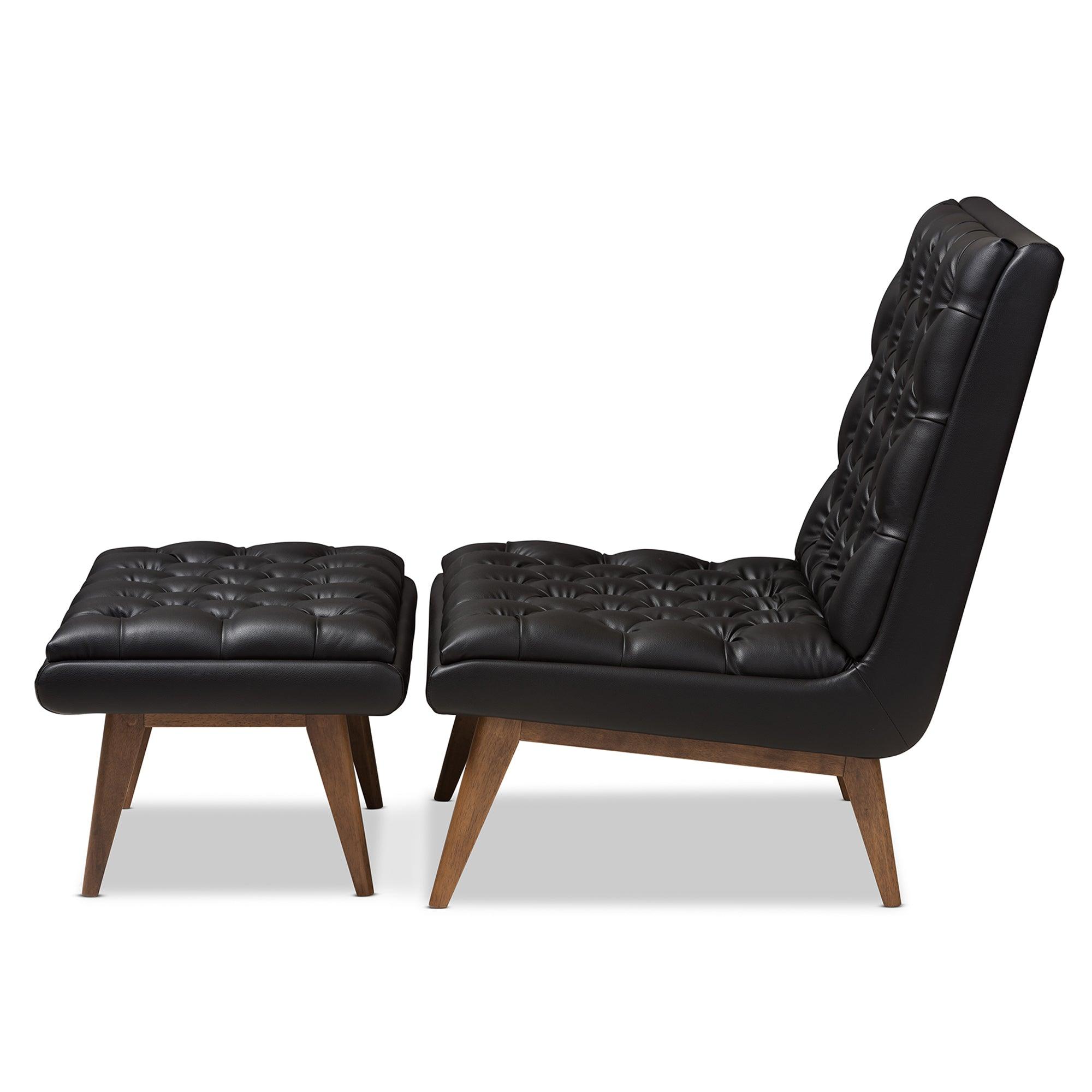 Annetha Mid-Century Modern Faux Leather Upholstered Finished Wood Chair And Ottoman Set