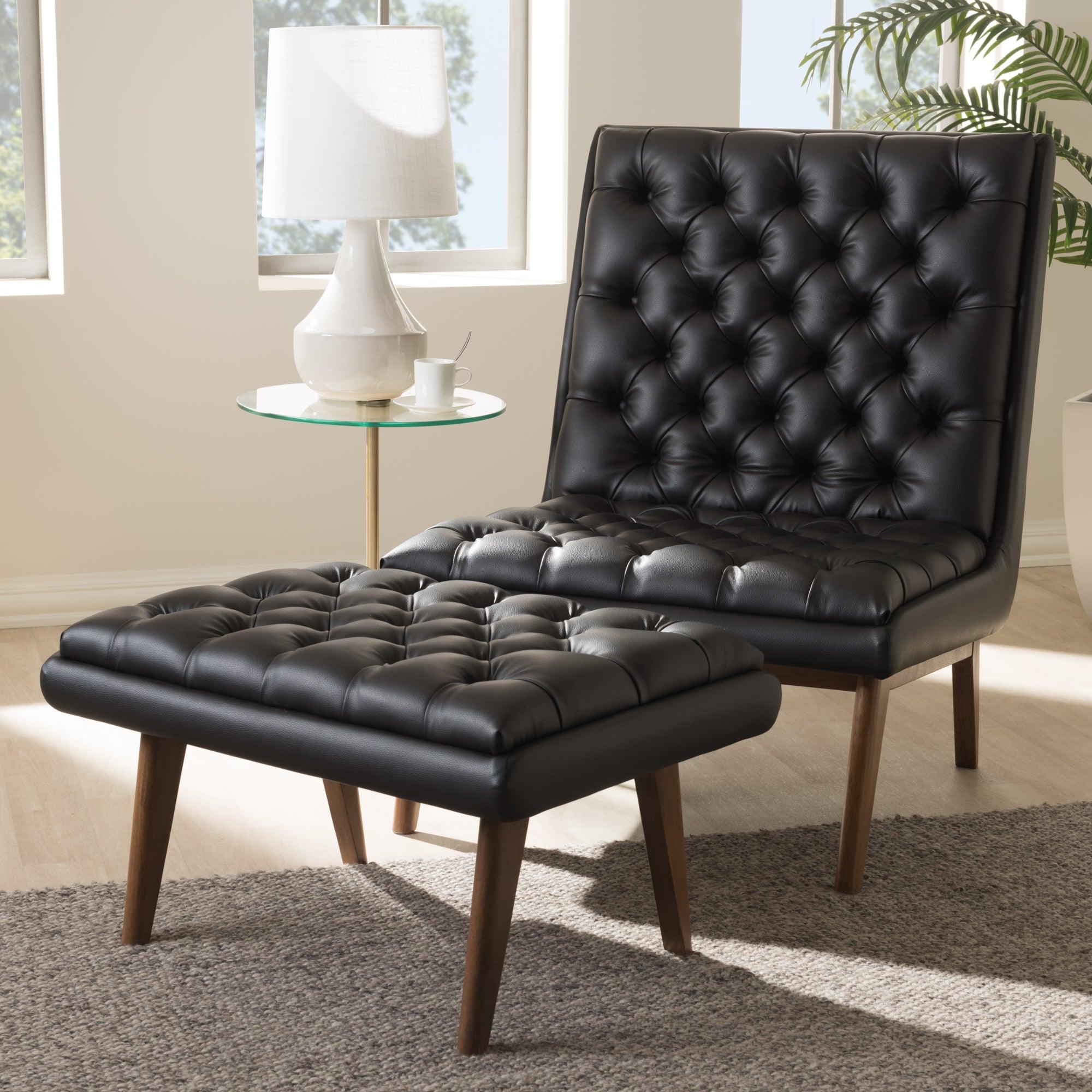 Annetha Mid-Century Modern Faux Leather Upholstered Finished Wood Chair And Ottoman Set